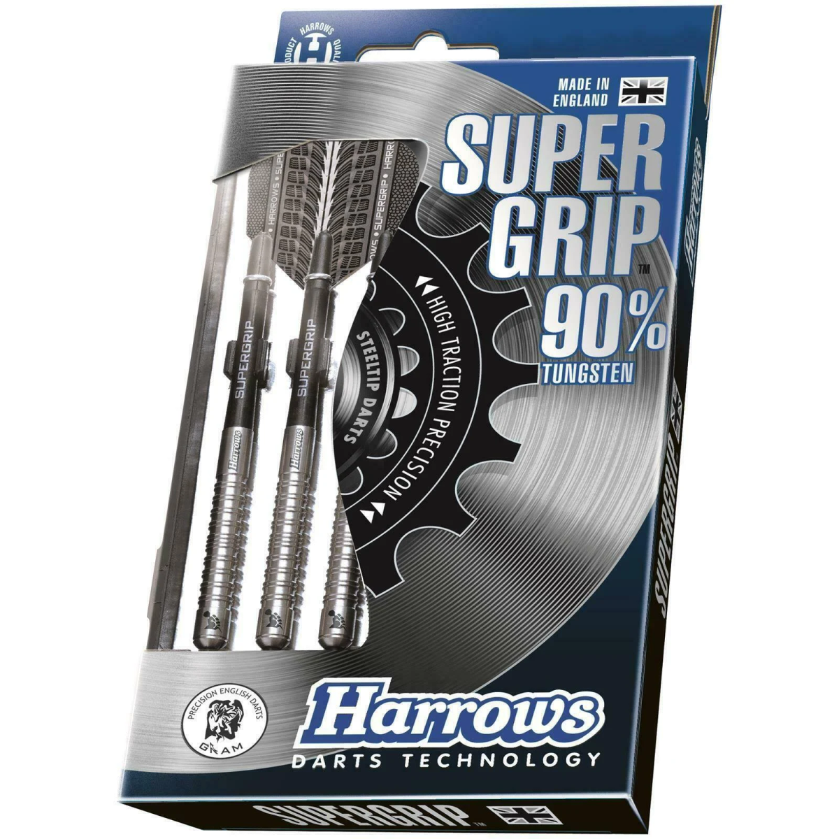 Box mit Harrows Supergrip Darts. Enthält drei Darts mit silbernen Schäften.