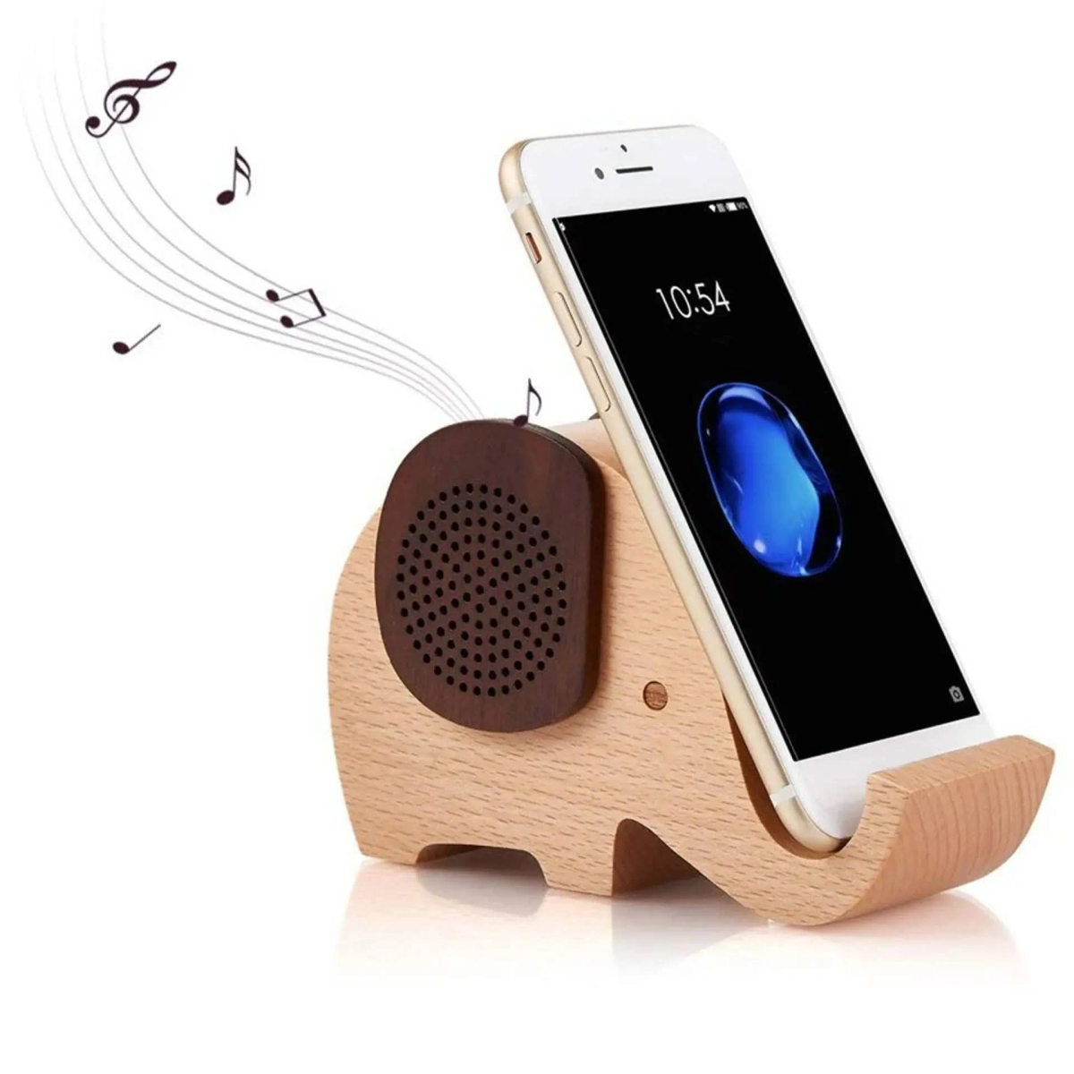 Telefonständer in Elefantenform aus Holz mit einem Telefon. Musiknoten schweben. Telefon zeigt einen blauen Bildschirm.