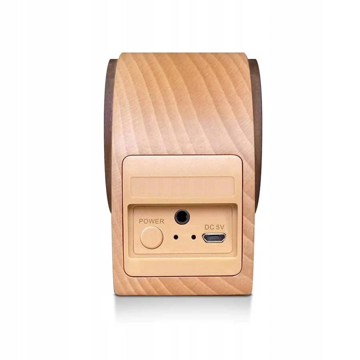 Holzlautsprecher mit Power, DC-Eingang und Audioanschlüssen. Braun-Beige Farbschema.
