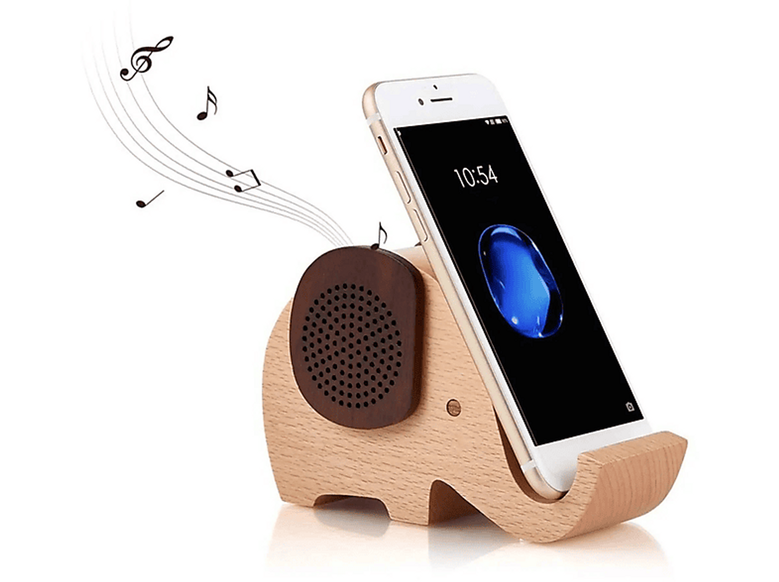 Ein elefantenförmiger Telefonhalter aus Holz mit einem Telefon darin.