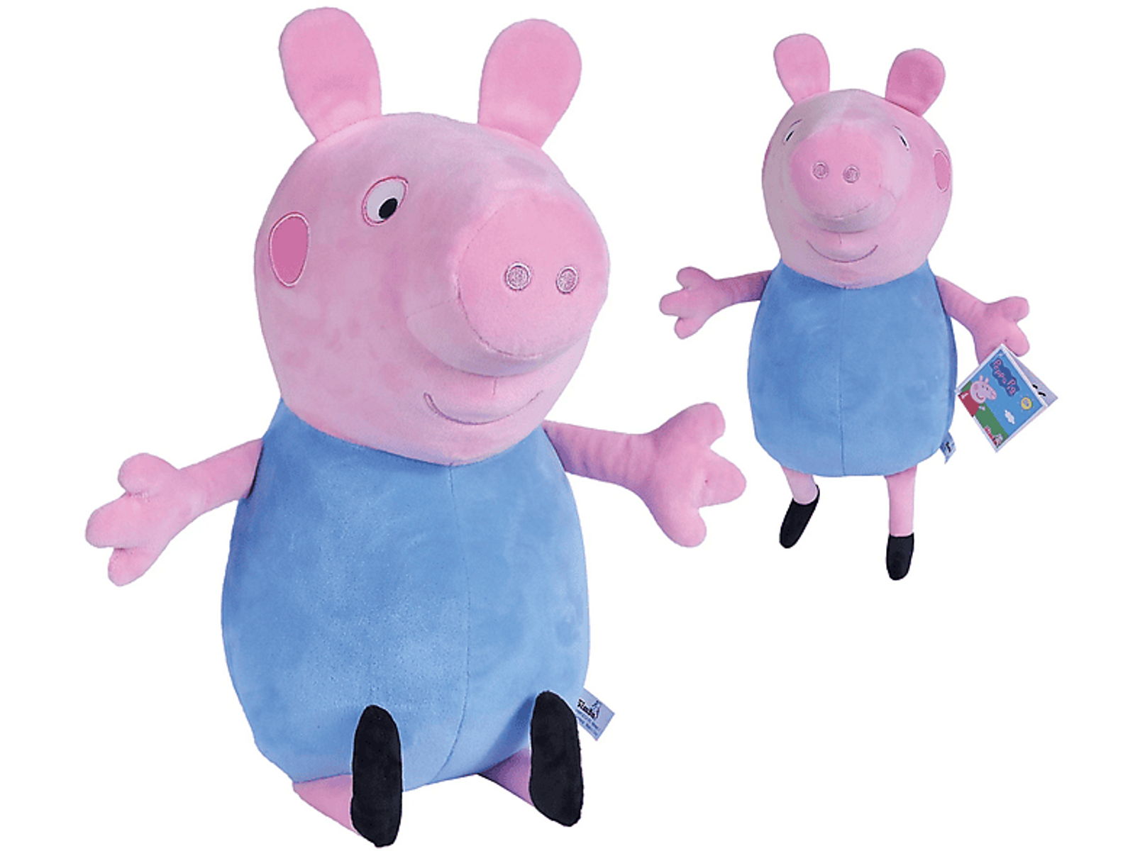 Rosa Peppa Wutz Plüschtier in blauem Kleid, zwei Exemplare.