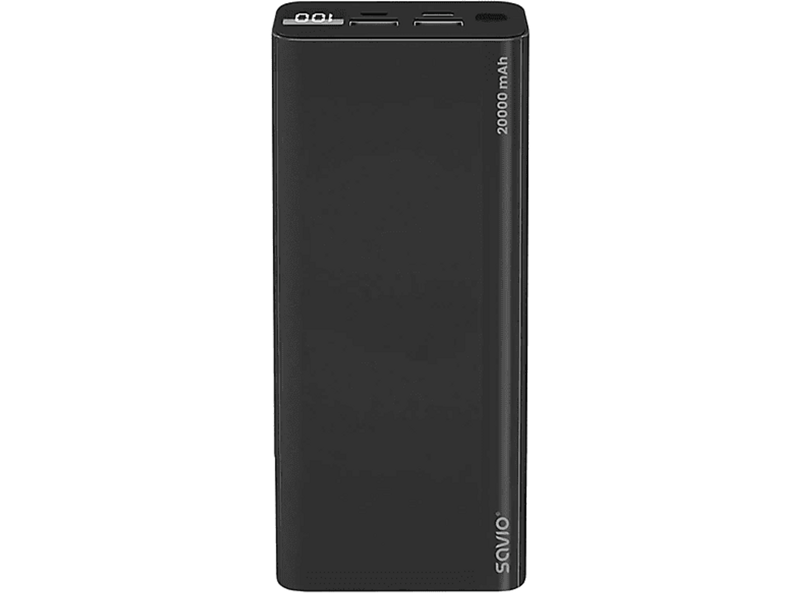 Czarny power bank o pojemności 20000 mAh. Marka to Savio.