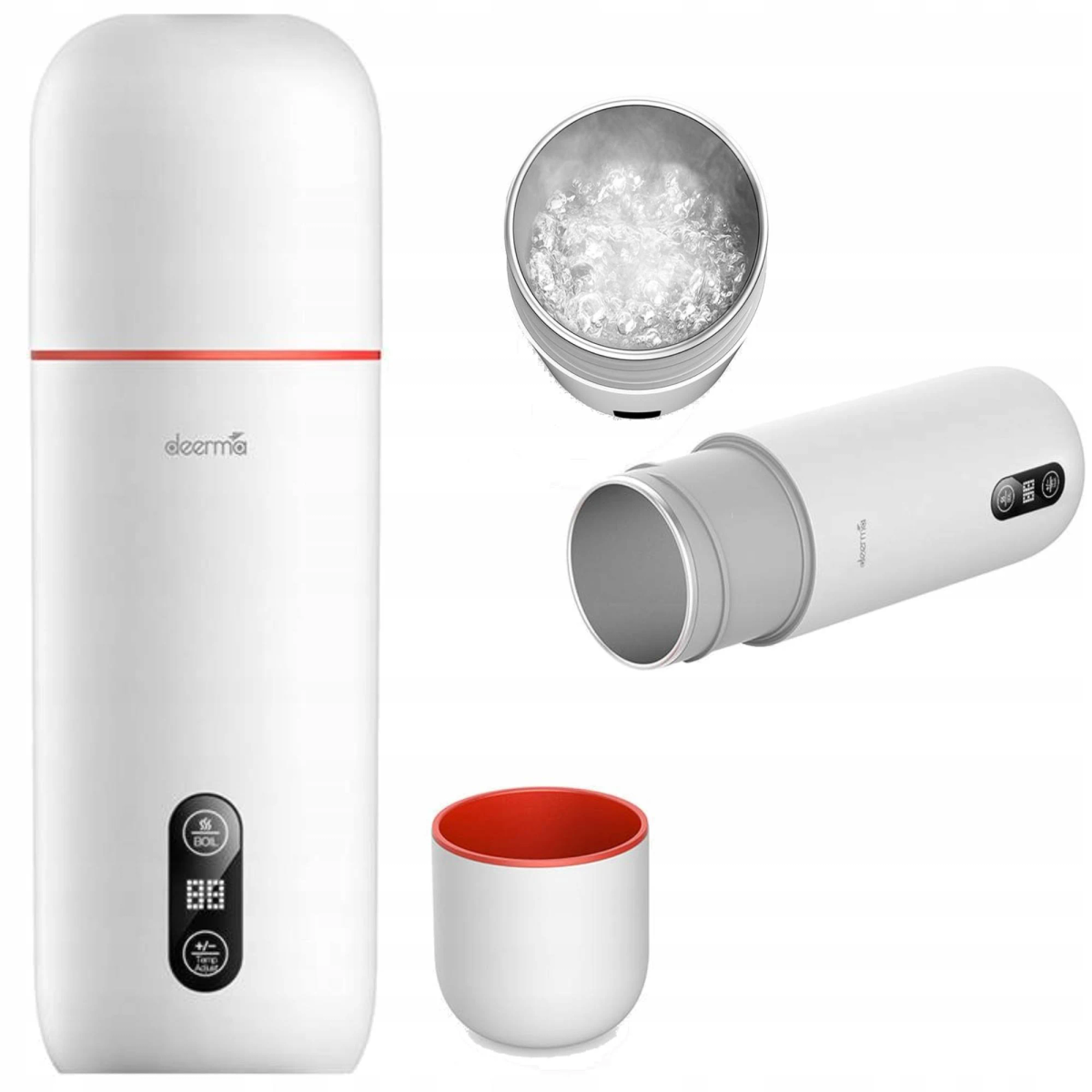 Biały i czerwony przenośny czajnik z kubkiem, z dodatkowymi widokami czajnika i wody.