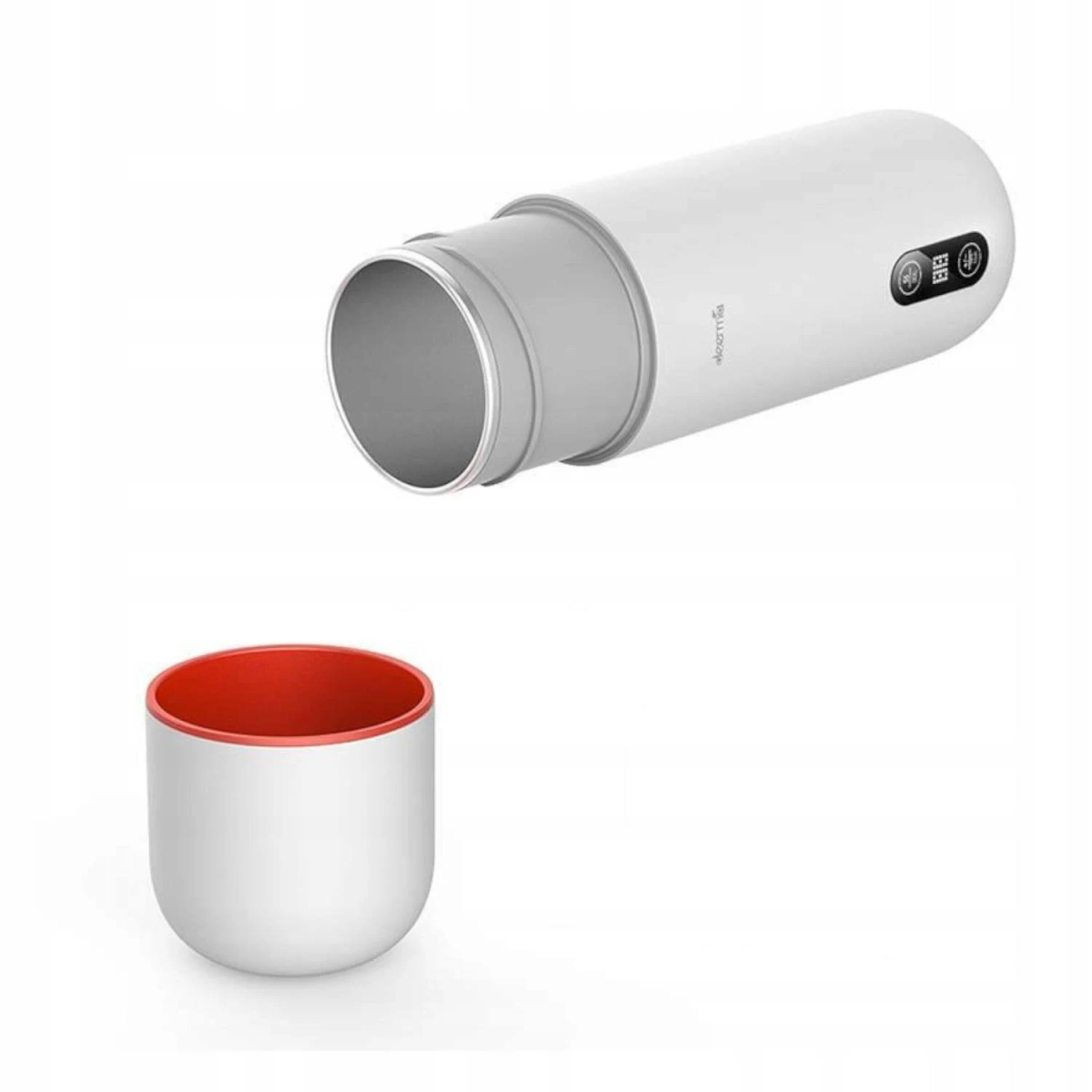 Biało-szary kubek podróżny z czerwonym wnętrzem i górną częścią.