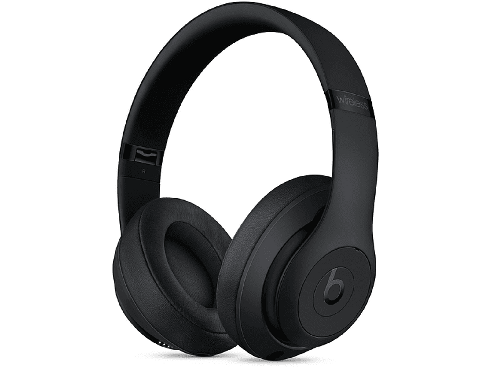 Casque Beats noir, vue latérale. Le logo Beats est visible. Fond blanc.