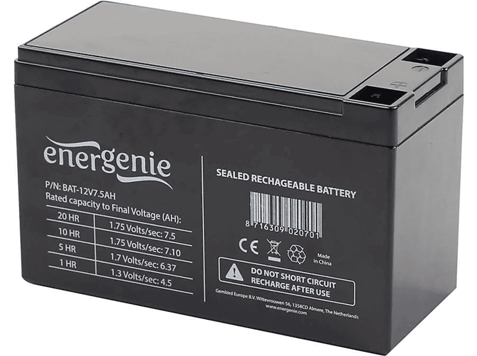 Schwarze rechteckige Batterie mit weißem Text, 'Sealed Rechargeable Battery' Etikett. Marke: 'energenie'.