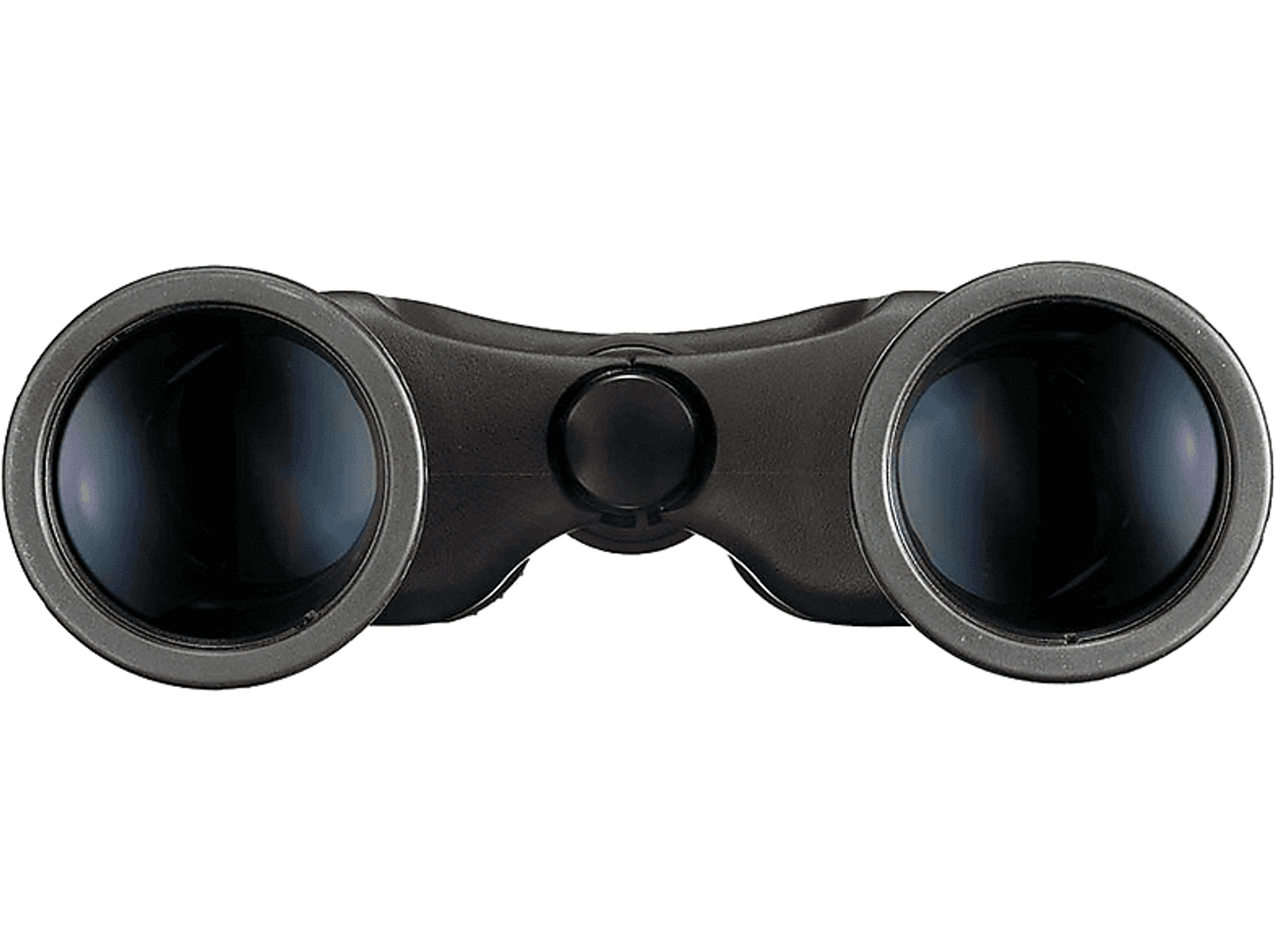Czarna lornetka. Soczewki są ciemne, a środek ma pokrętło regulacji ostrości.