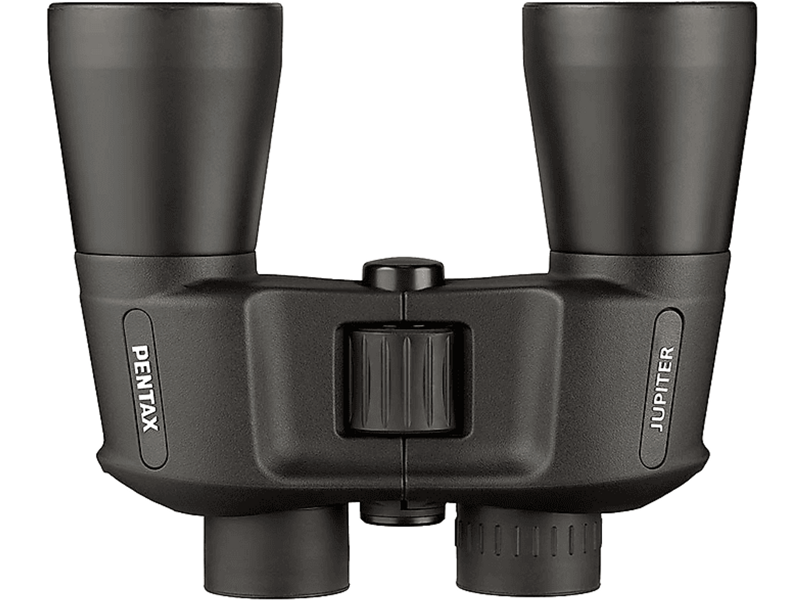 Czarna lornetka Pentax Jupiter z centralnym pokrętłem ostrości i nazwą marki z boku.