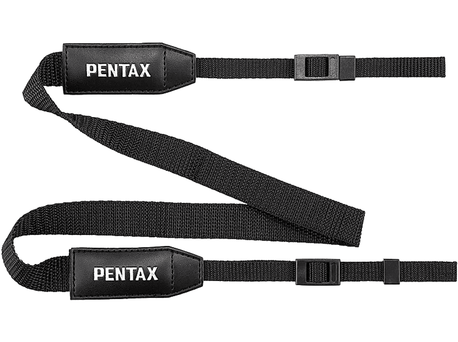 Czarny pasek do aparatu z napisem "PENTAX" na skórzanych podkładkach. Plastikowe klamry i czarny tkany pasek.