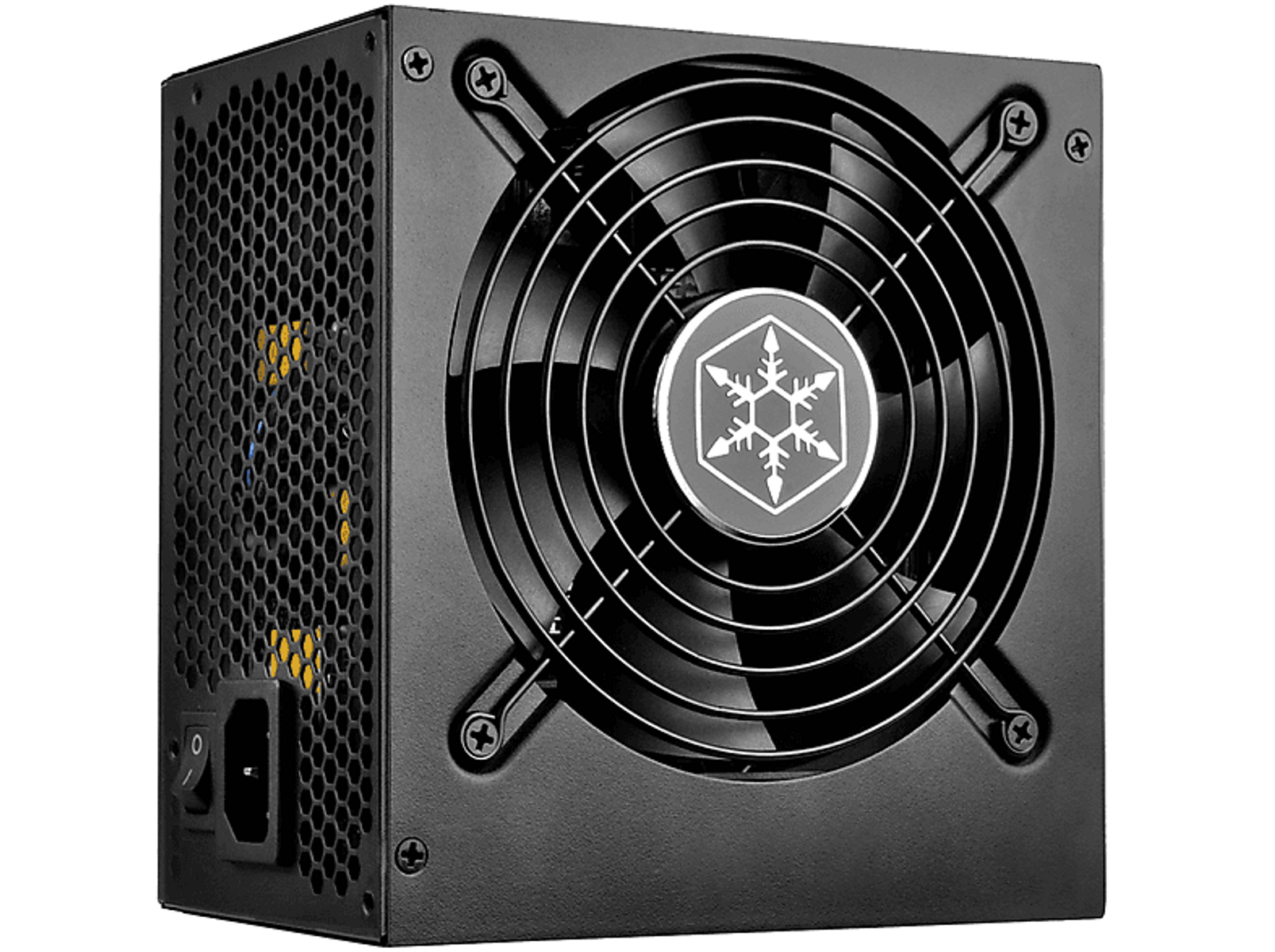 Alimentatore per computer nero con ventola, logo argentato e ingresso cavo di alimentazione nero.