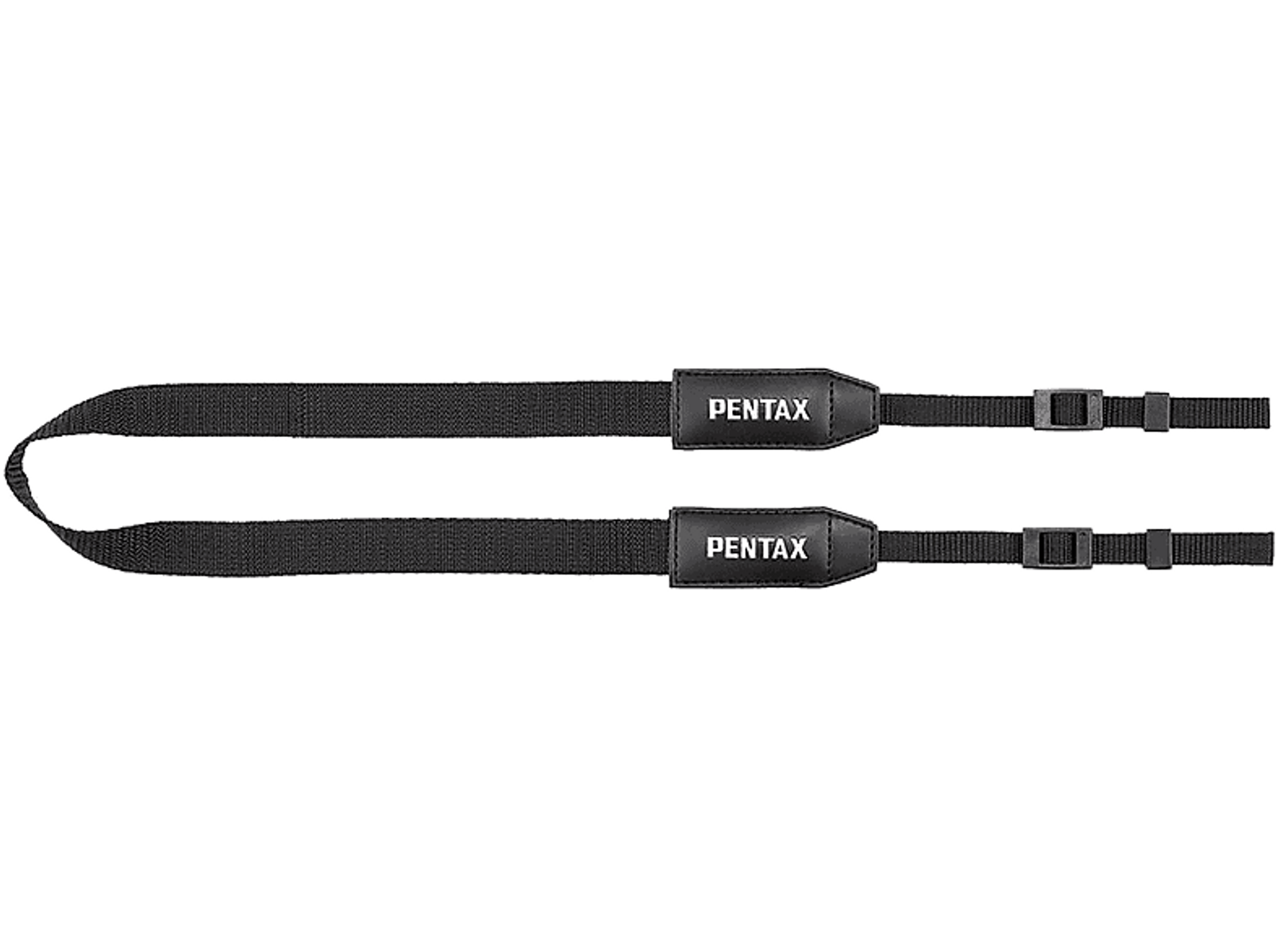 Czarny pasek do aparatu z napisem „PENTAX” na skórzanych podkładkach na każdym końcu.