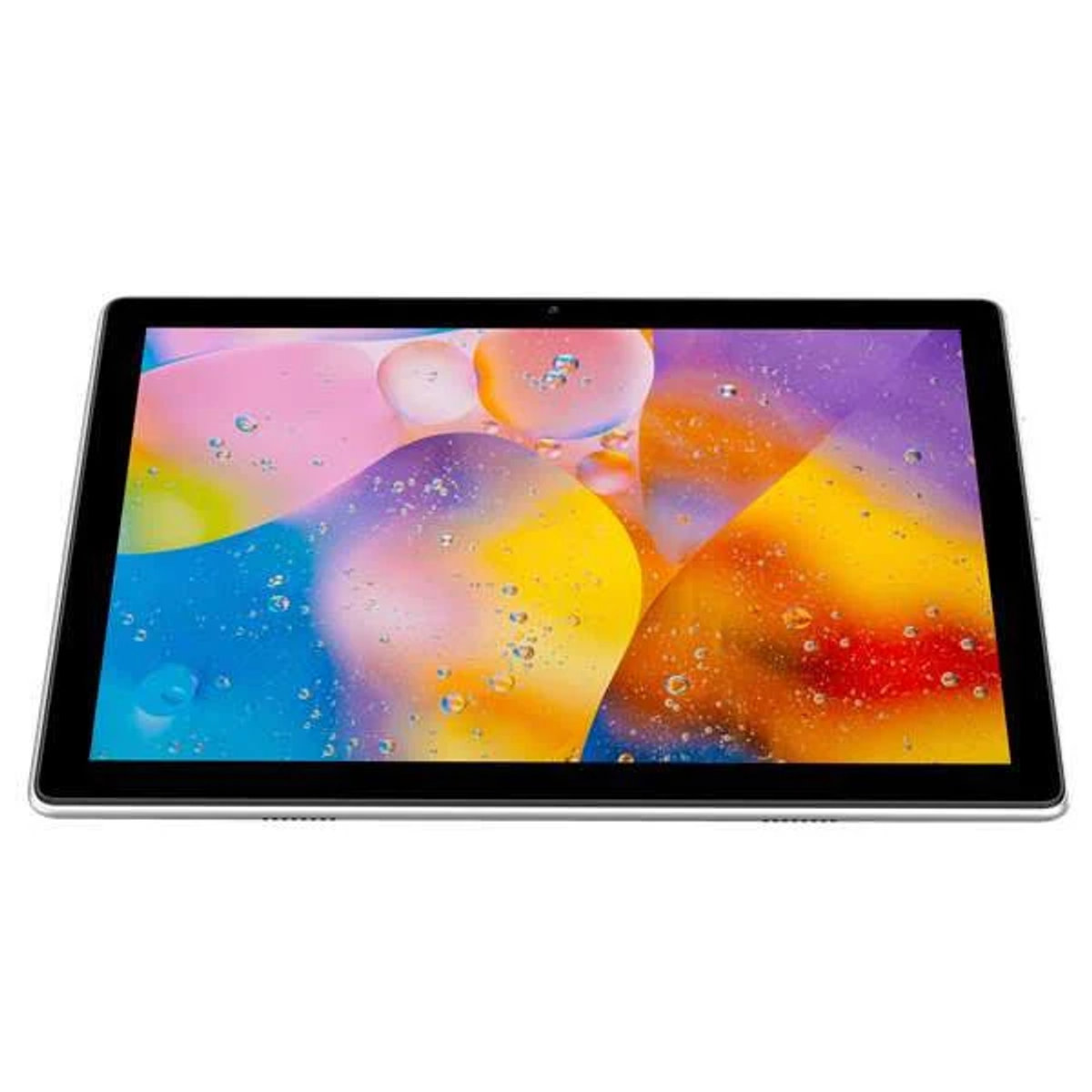 Tablet con cornice nera che mostra un motivo astratto colorato.