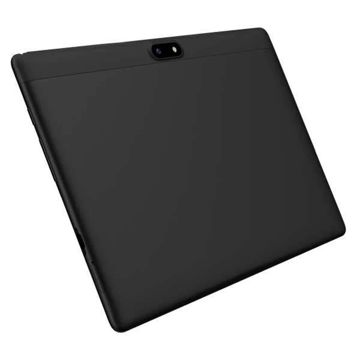 Un tablet nero con fotocamera. Il tablet è angolato, con una superficie nera.