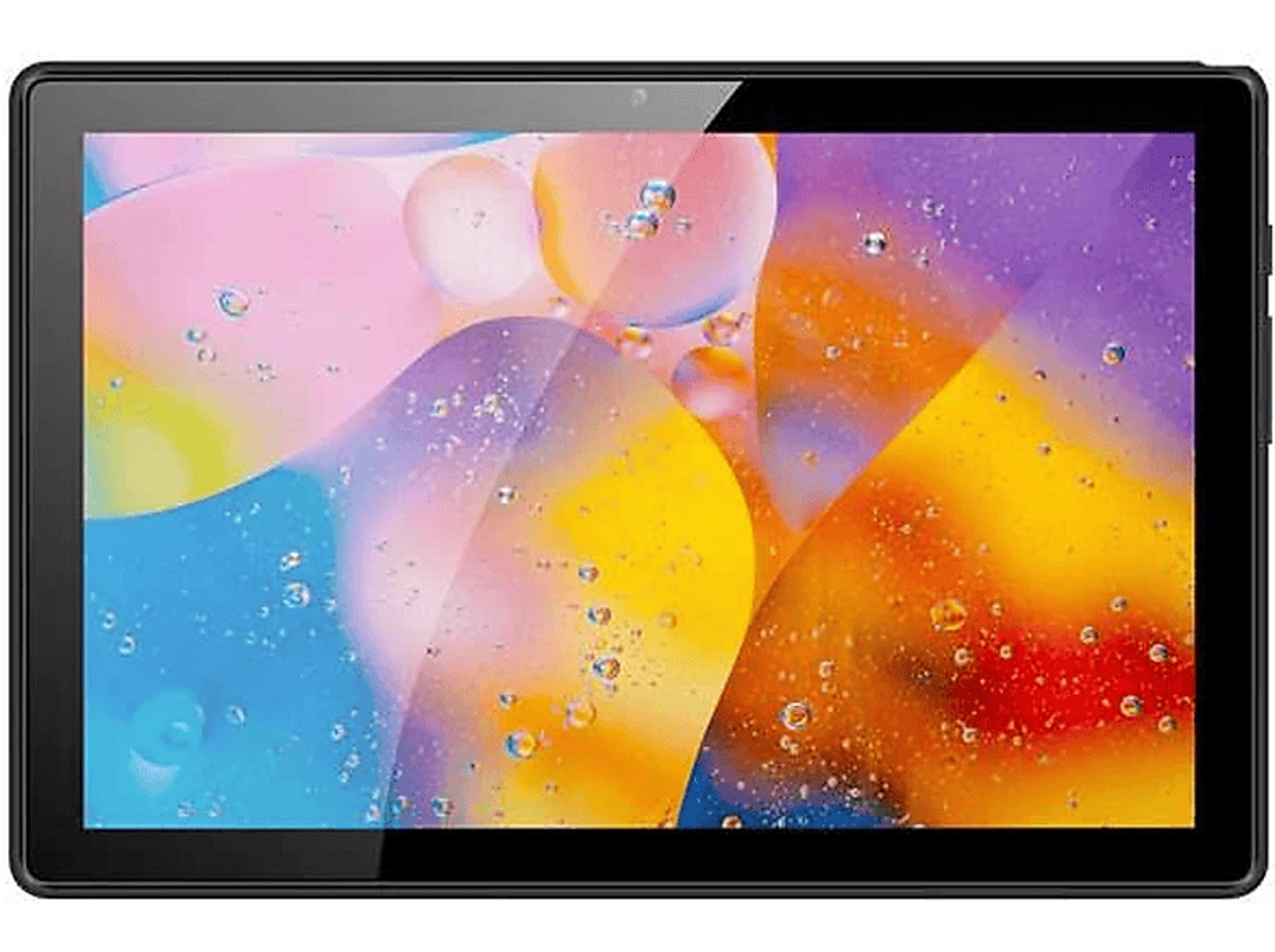 Tablet nero che mostra arte astratta colorata simile all'olio su sfondo nero.