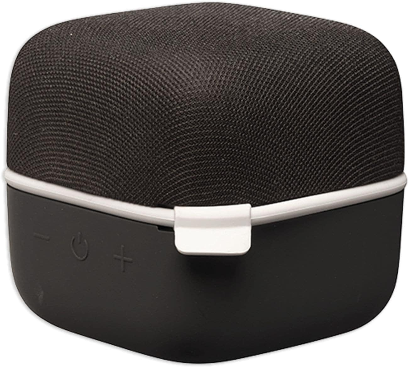 Czarny głośnik z materiałową osłoną, białym wykończeniem. Posiada przyciski zasilania, głośności i funkcji.