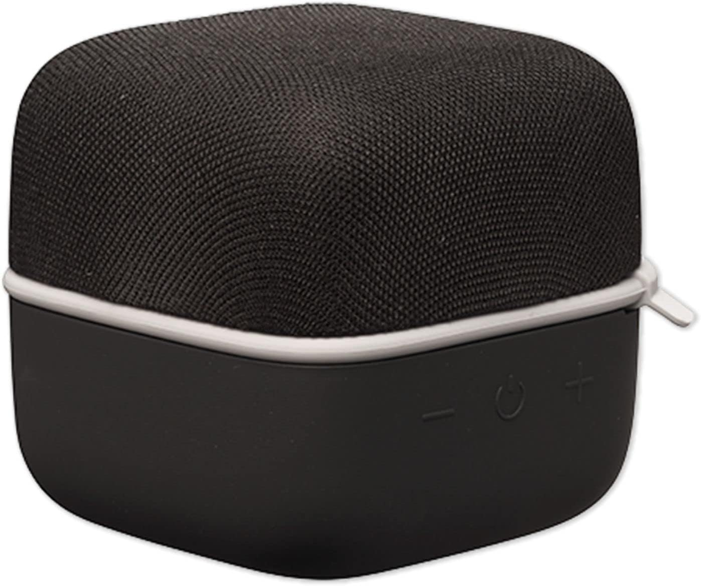 Czarny i szary głośnik przenośny z regulacją głośności. Czarny, siatkowy wierzch.