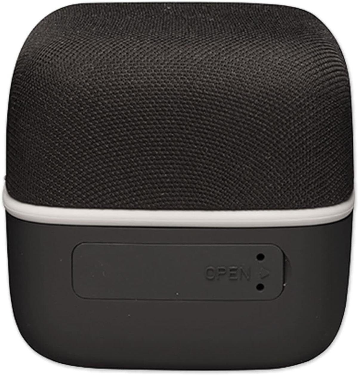 Czarny i szary głośnik. Posiada siatkową górę, białe wykończenie i napis 'OPEN'.