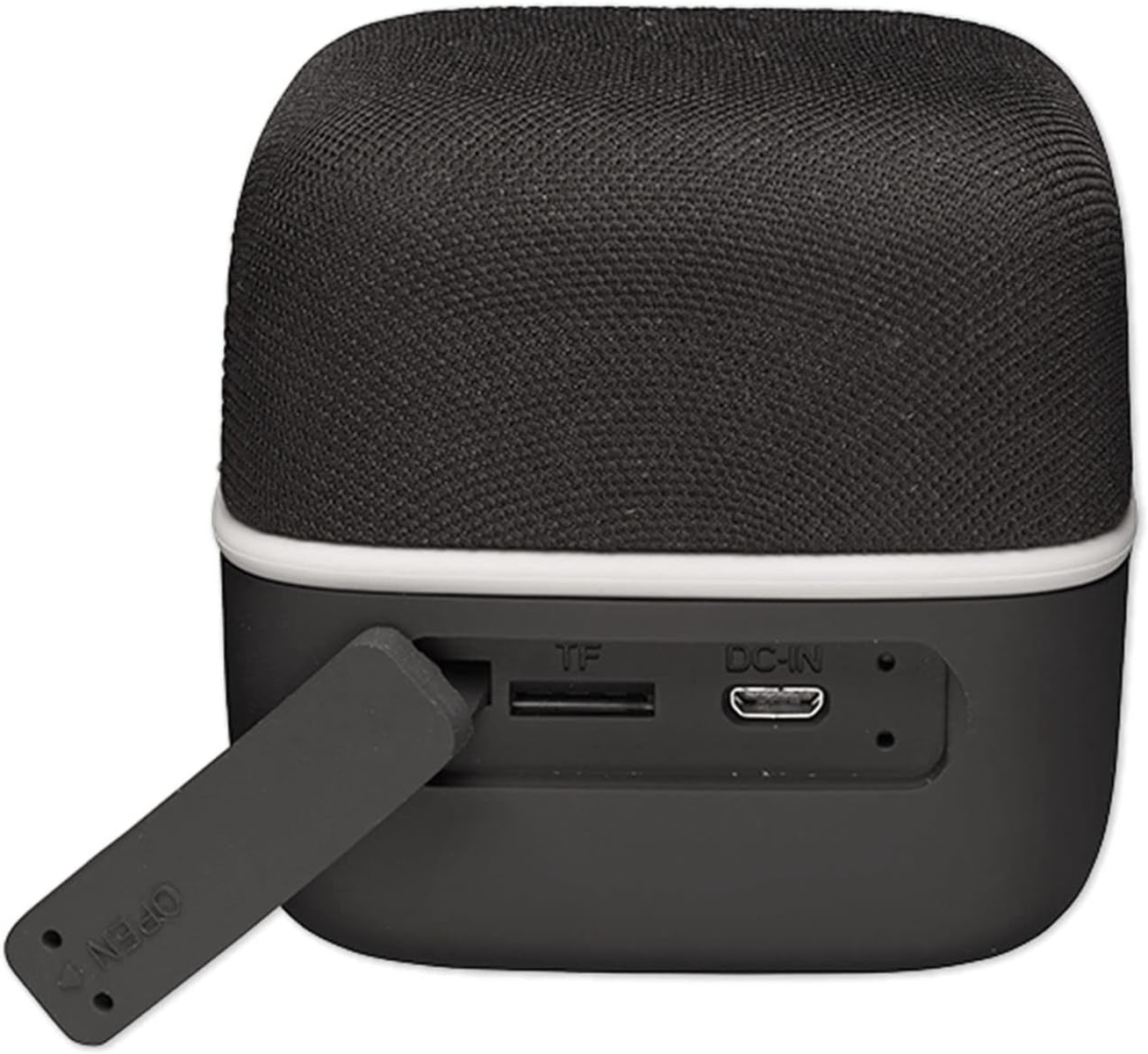 Czarny głośnik z materiałowym wierzchem i białą ramką. Widoczne porty TF i DC-IN. Ciemnoszary tył.