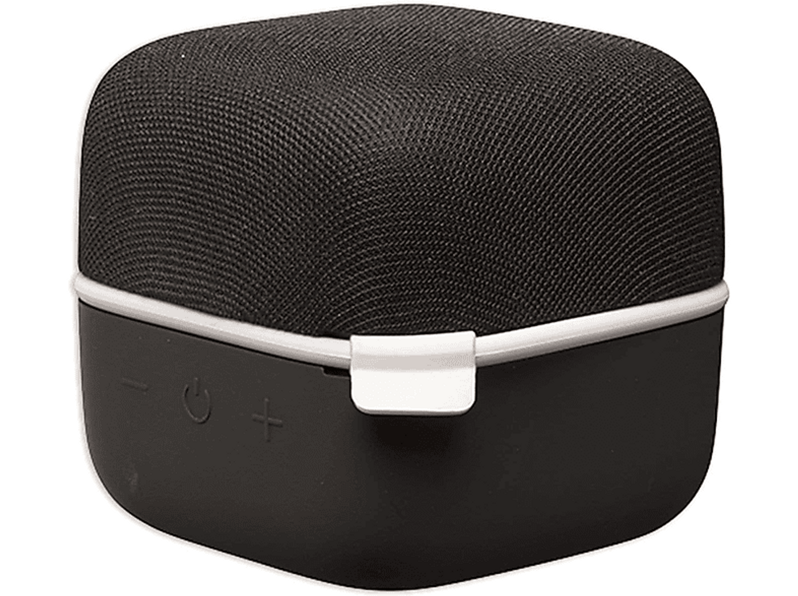Czarny głośnik Bluetooth w kształcie kostki z przyciskami i siatkową osłoną.