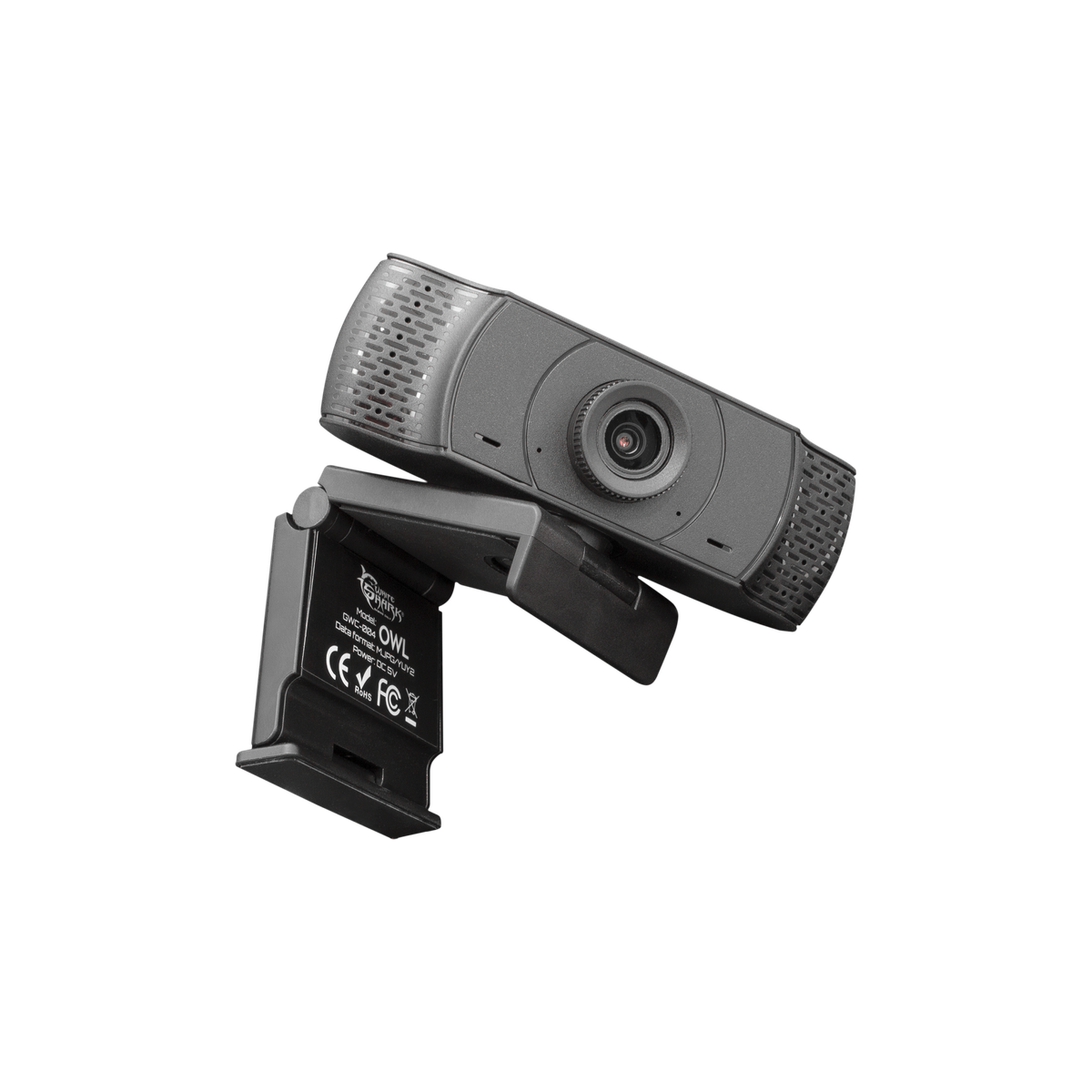 Webcam negra sobre fondo negro, con soporte giratorio ajustable.