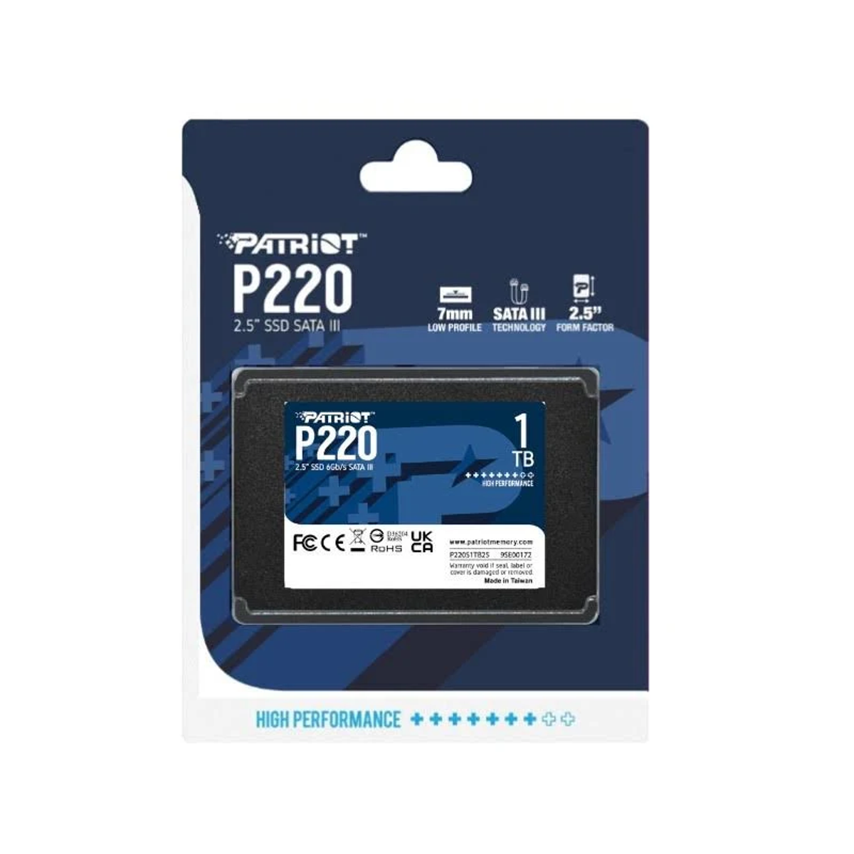 Patriot P220 2,5" SSD SATA III. Dysk SSD jest w opakowaniu, pokazując produkt i jego specyfikacje.