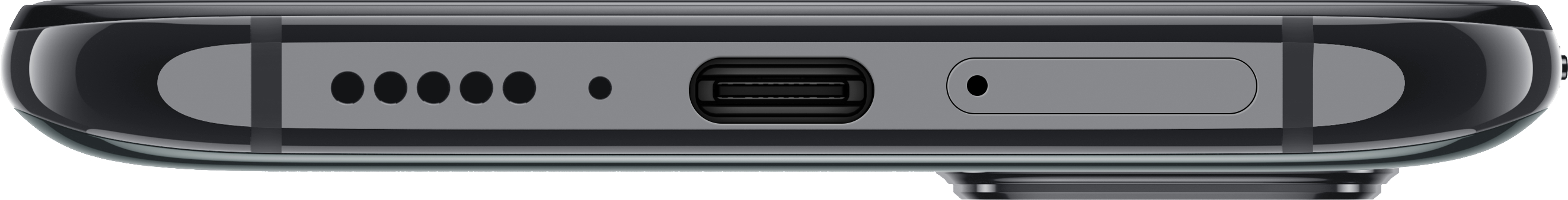 Zbliżenie na spód czarnego telefonu komórkowego. Widoczne różne porty i otwory.