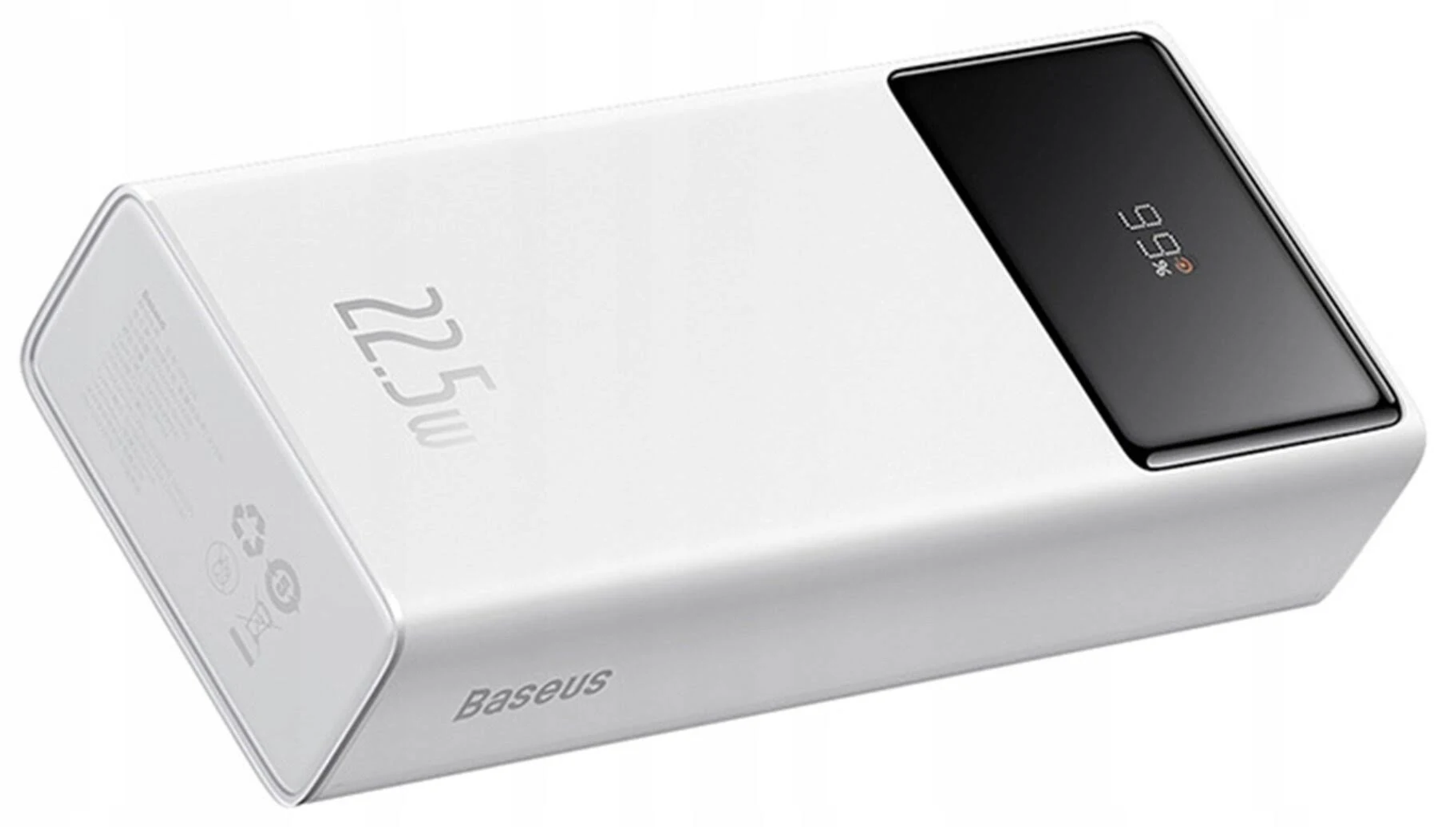 Weiße Powerbank mit schwarzem Oberteil, das 99 % anzeigt. Der Text '22,5 W' steht darauf.