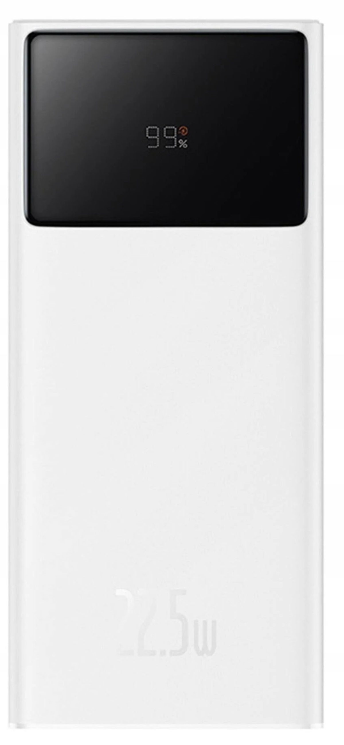 Weiße Powerbank mit schwarzem Display, das 99 % Ladung anzeigt.