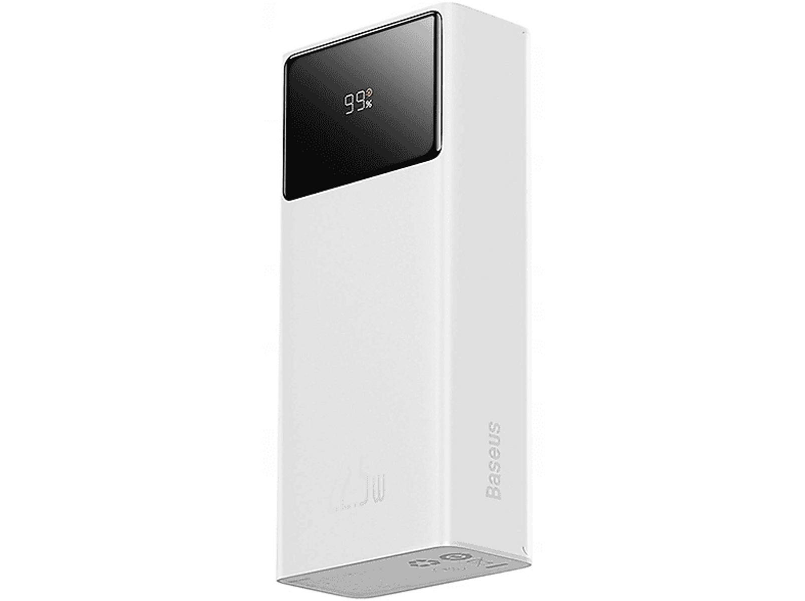 Eine weiße Powerbank mit einem Bildschirm, der 99 % anzeigt.