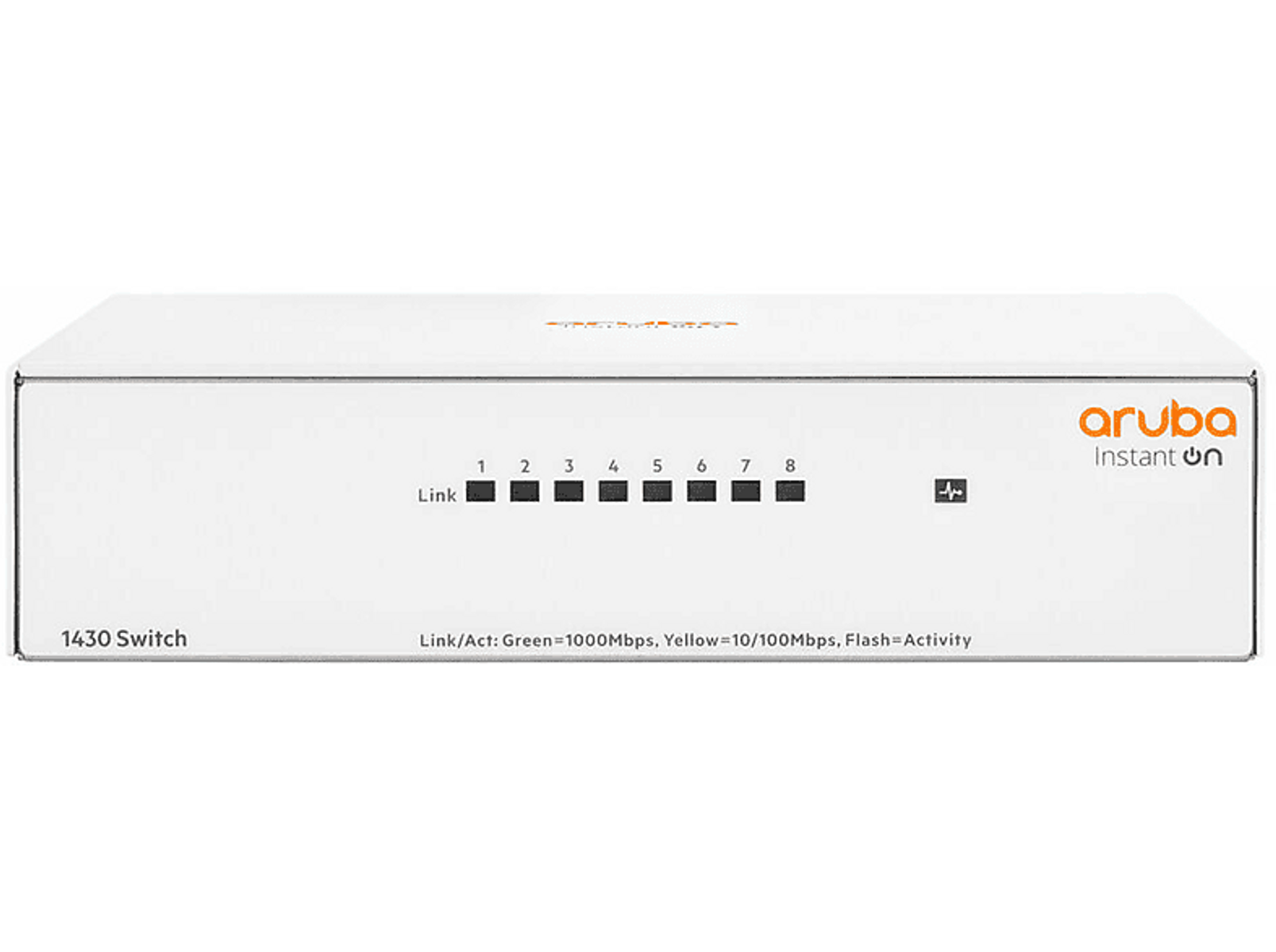 Biały przełącznik Aruba Instant On 1430 z ośmioma numerowanymi portami i zielono-żółtymi wskaźnikami LED.