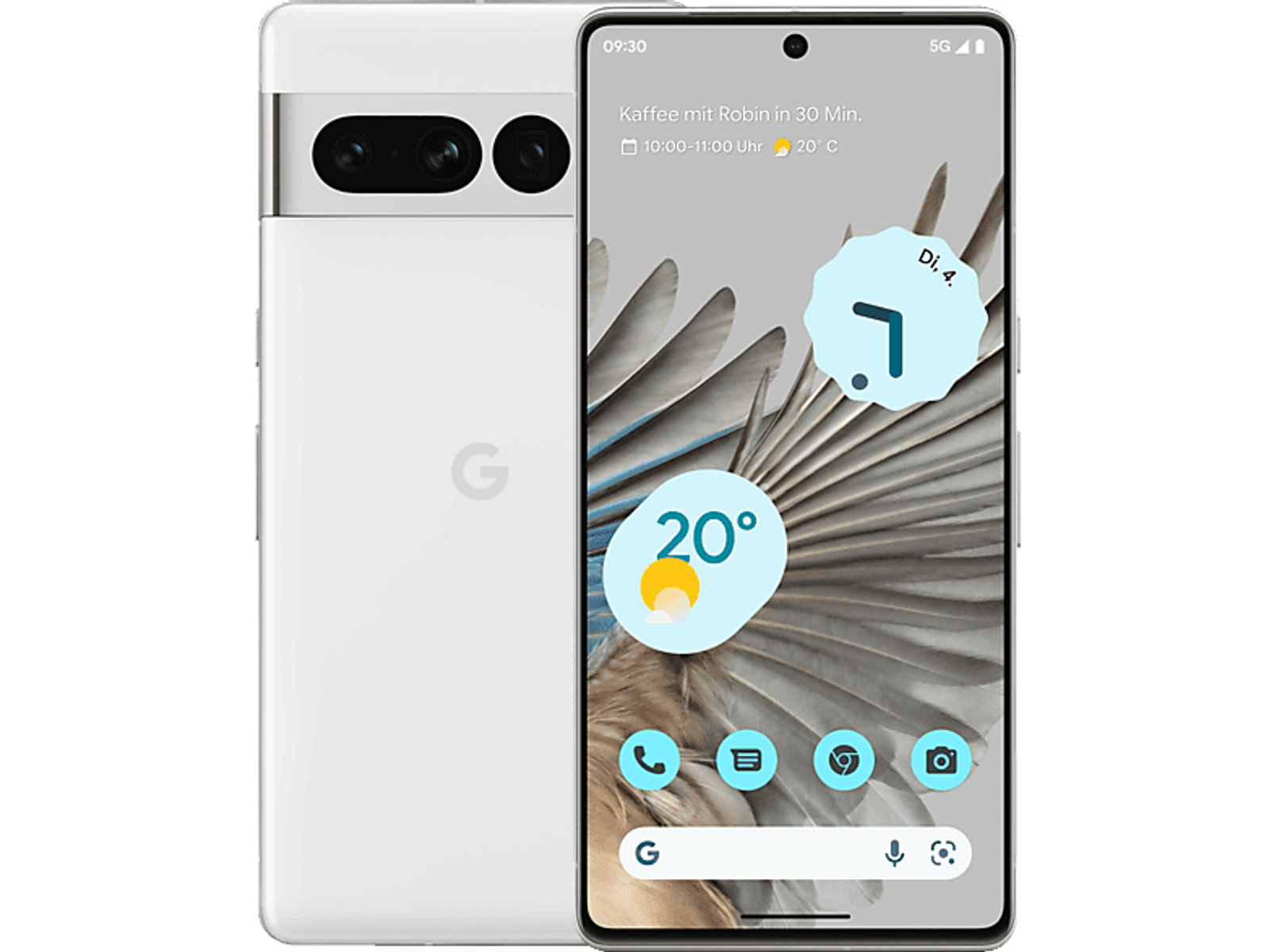 Biały smartfon z trzema aparatami. Ekran wyświetla godzinę, datę i pogodę.