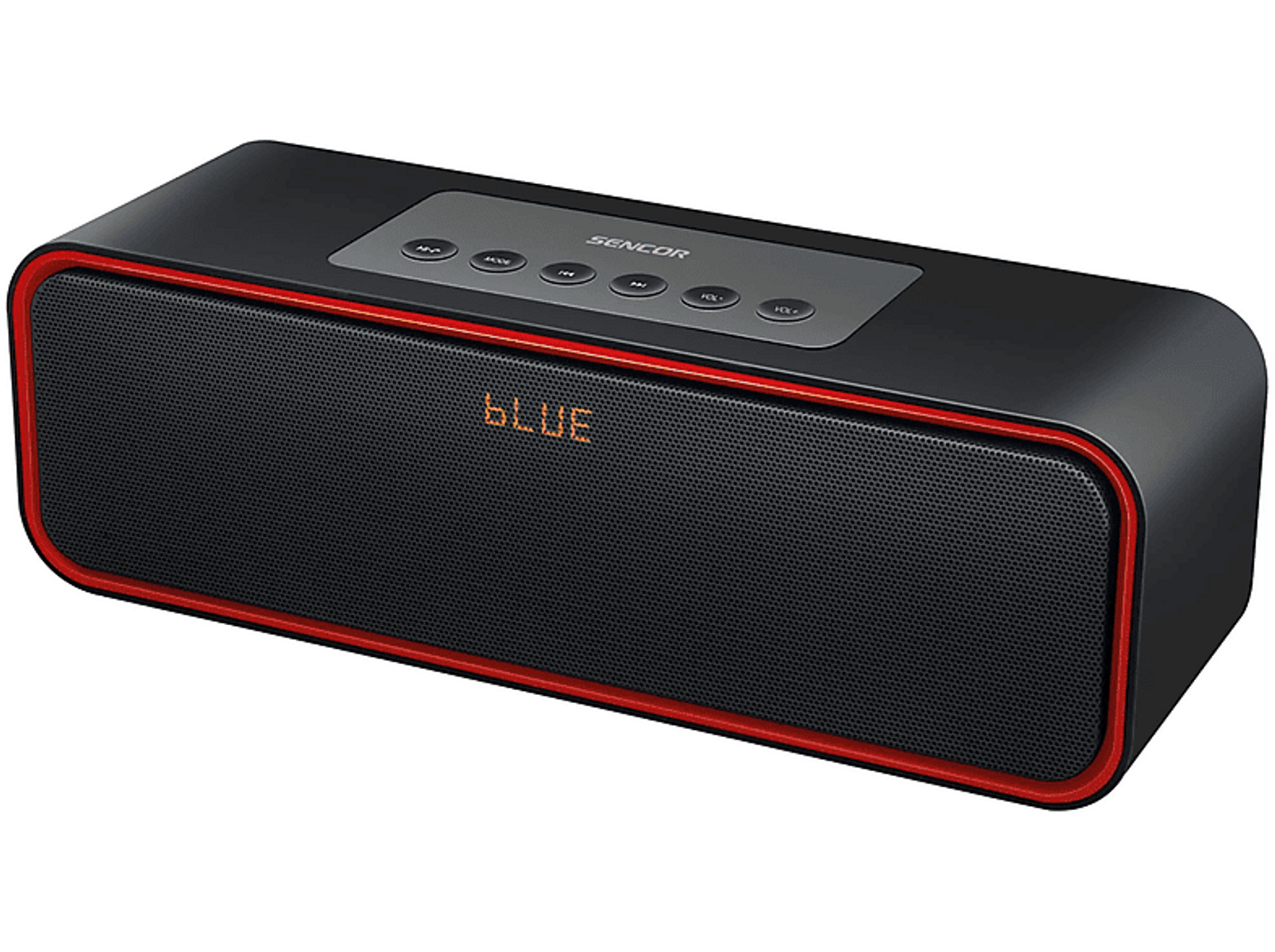 Altoparlante nero e rosso con un display che mostra BLUE. Pulsanti sulla parte superiore. Sfondo bianco.