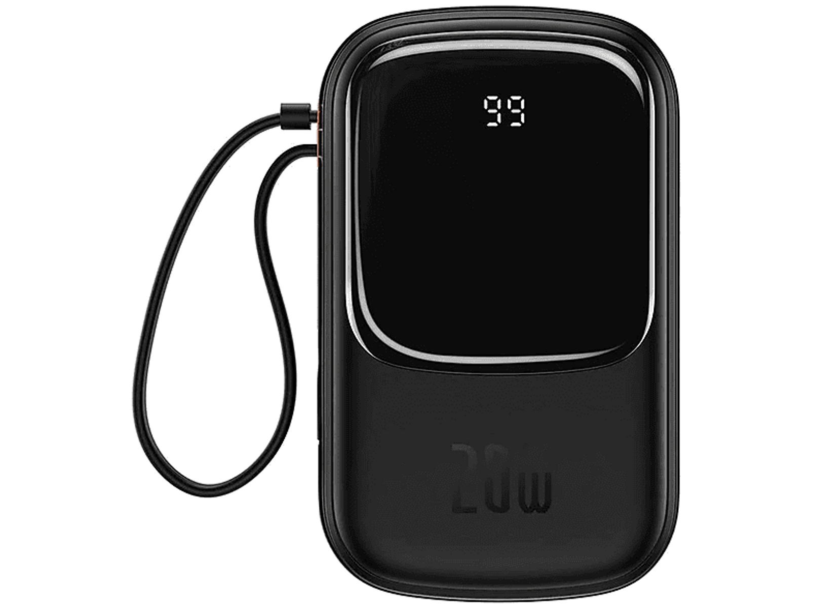 Czarny power bank z czarnym paskiem. Na wyświetlaczu widnieje 99.