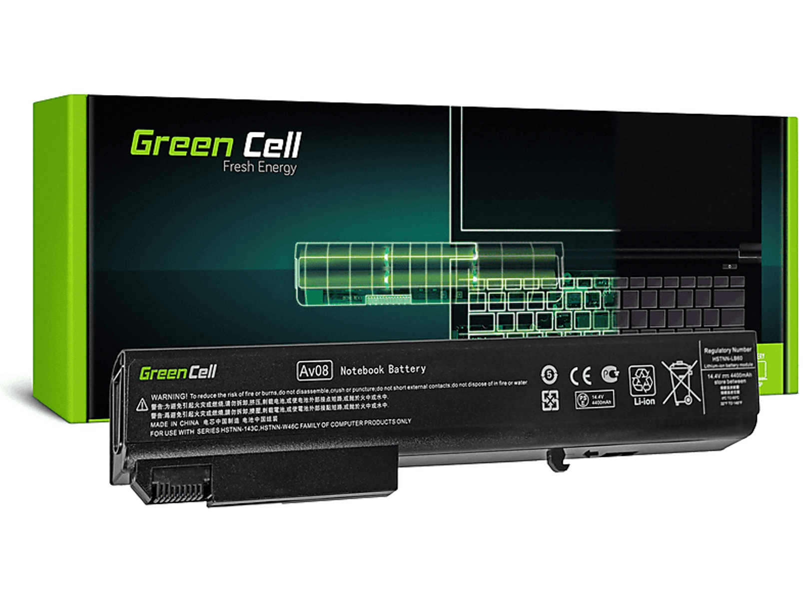 Batteria per laptop Green Cell con scatola verde e nera, batteria nera e grafica della tastiera del laptop.