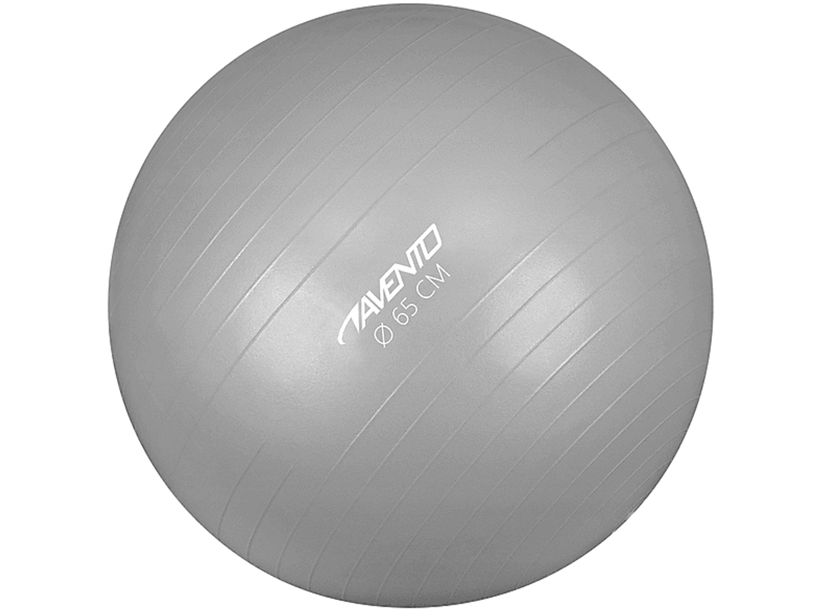 Ein grauer Gymnastikball mit dem Wort AVENTO darauf. Der Ball ist auf weißem Hintergrund.