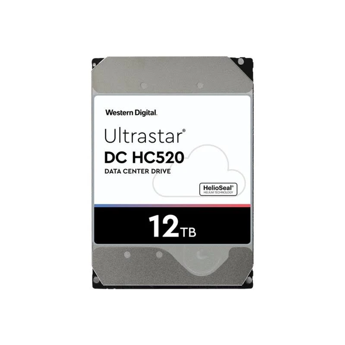 Dysk twardy Western Digital Ultrastar 12TB. Czarny i srebrny z białą etykietą.
