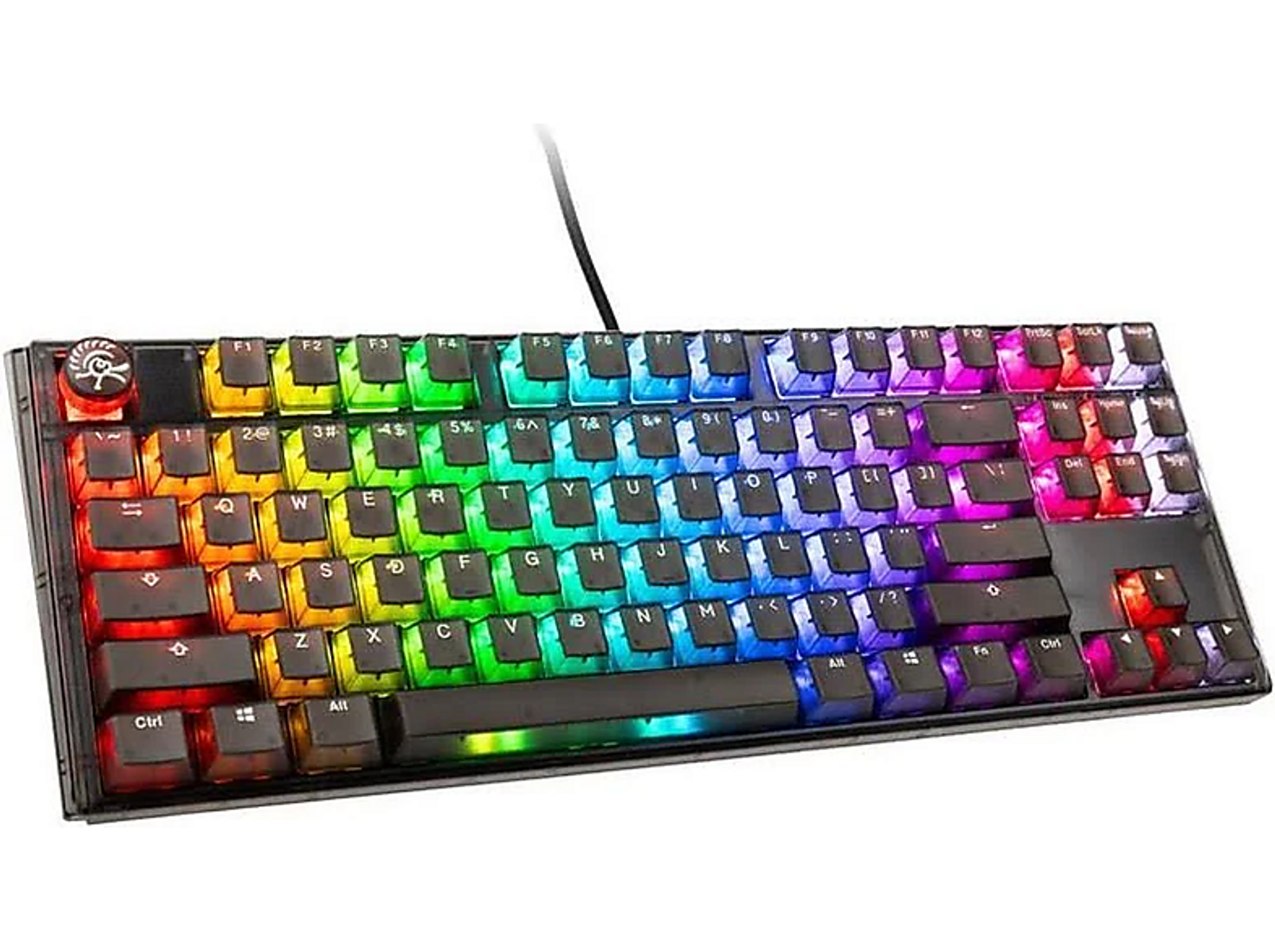 Mechaniczna klawiatura RGB z kolorowymi klawiszami. Czarny kabel.