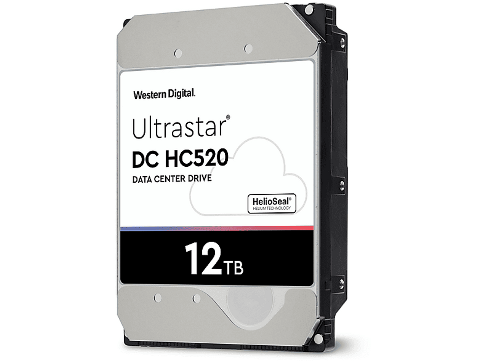 Dysk twardy z białą etykietą, czarną obudową i srebrnymi bokami.