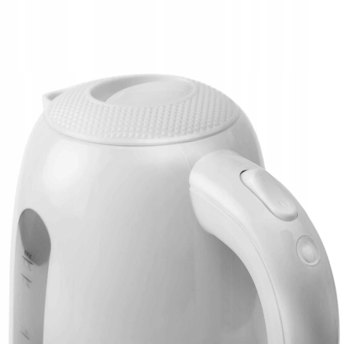 Biały czajnik elektryczny z uchwytem i przyciskiem zasilania.