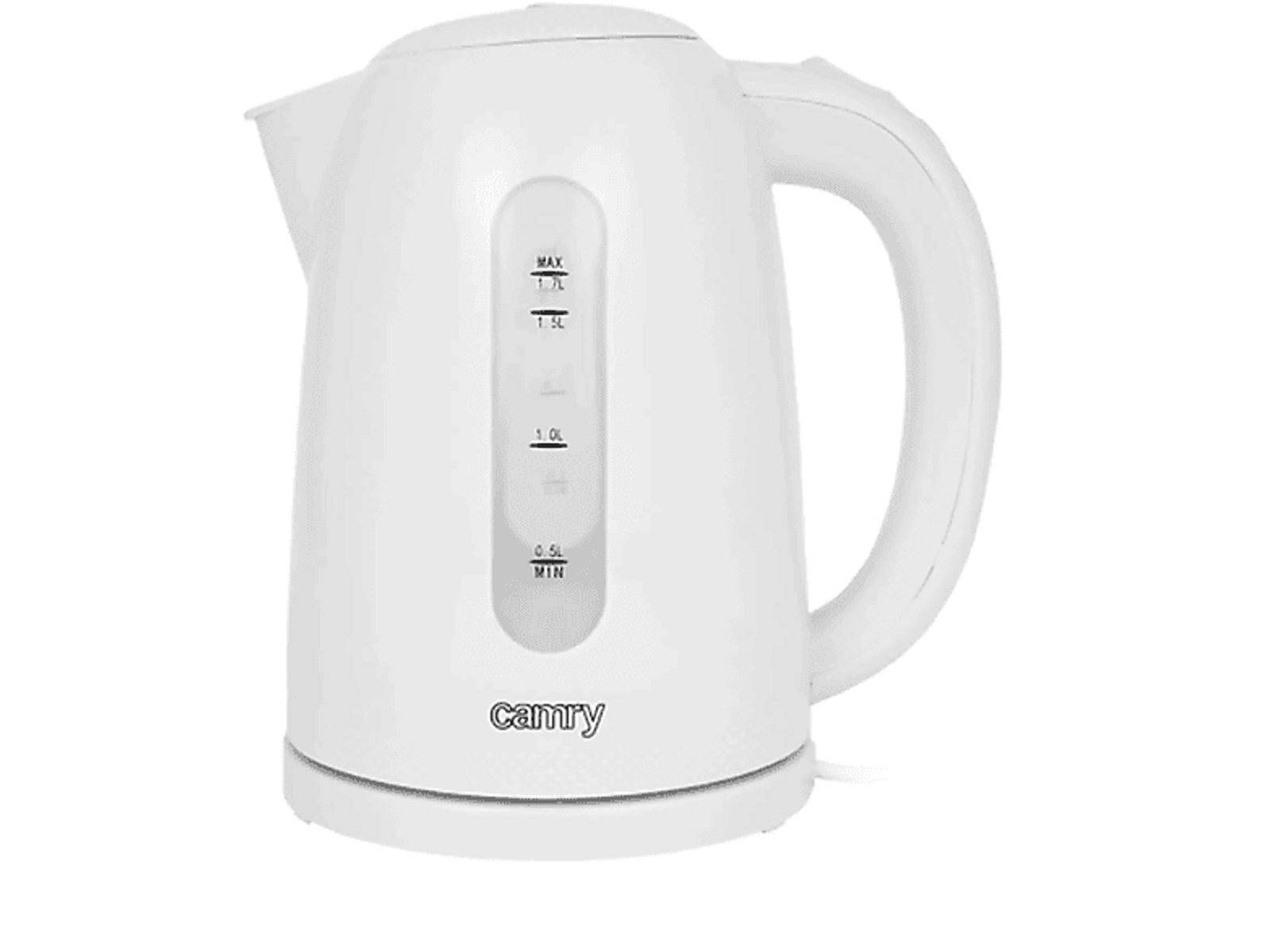 Biały czajnik elektryczny z uchwytem i przezroczystym wskaźnikiem poziomu wody. Białe tło.