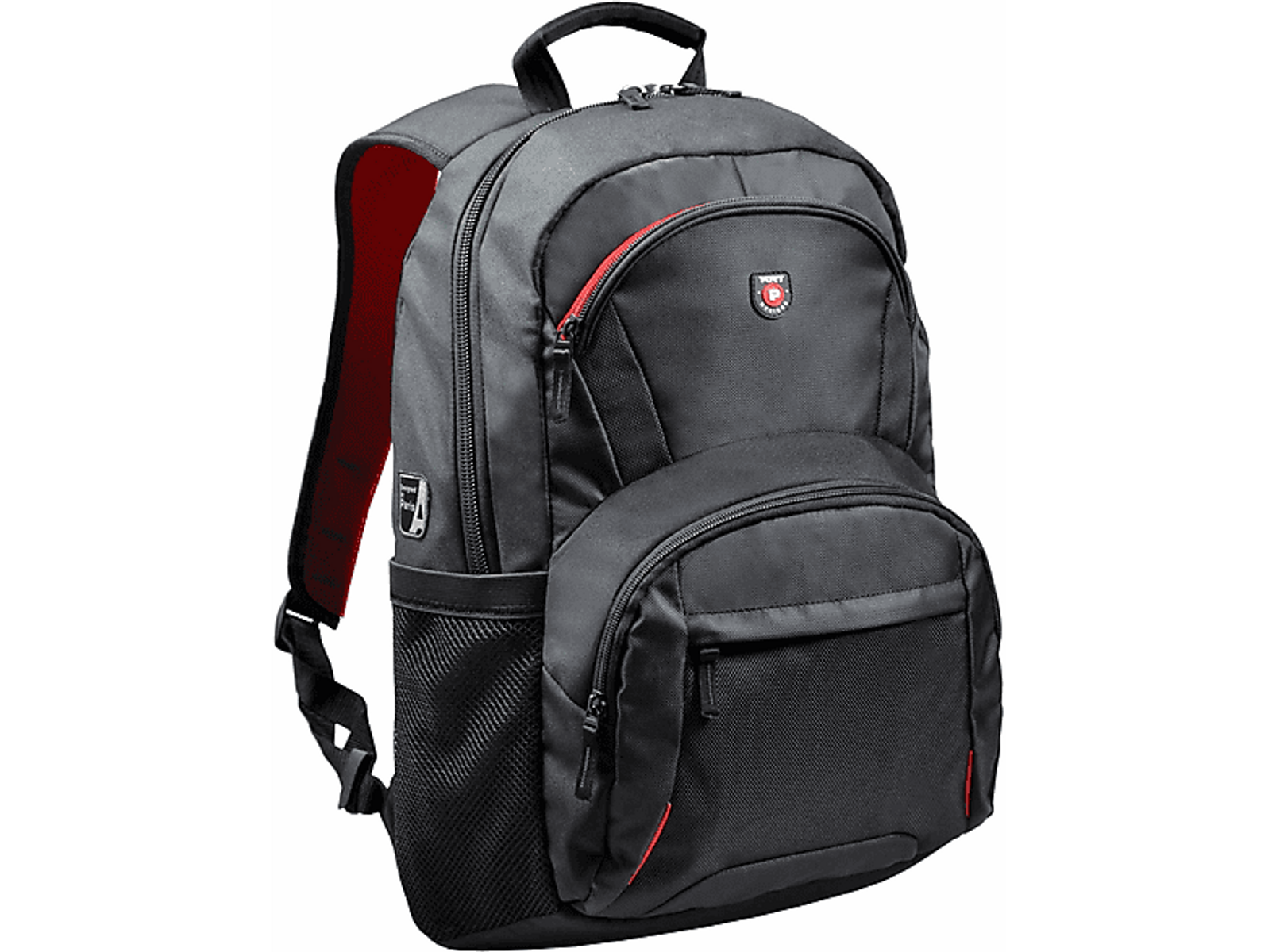 Black backpack with red accents, side mesh pocket, and multiple compartments.