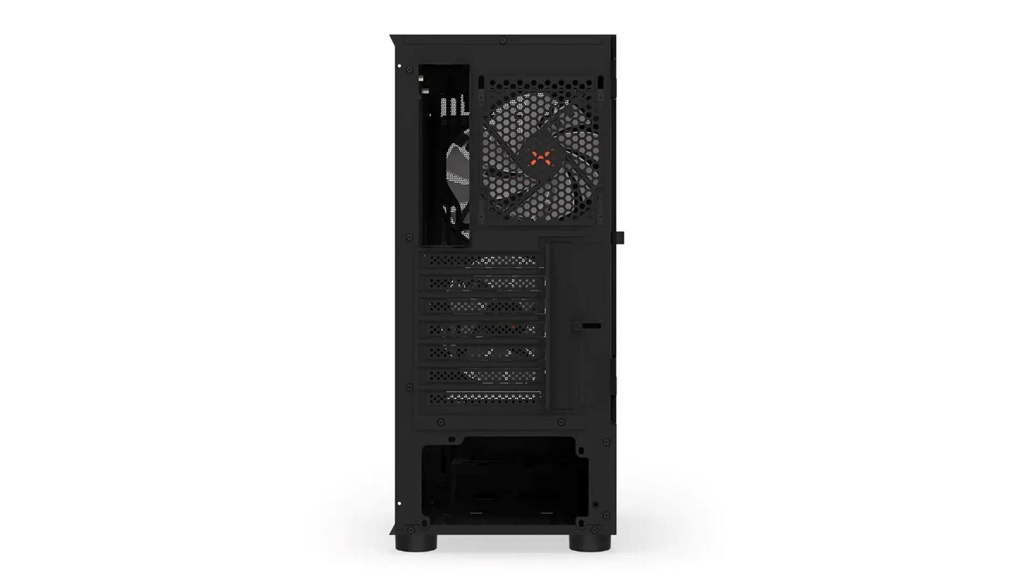 Schwarze Computergehäuserückseite mit Lüfter, Gitter und Anschlüssen.