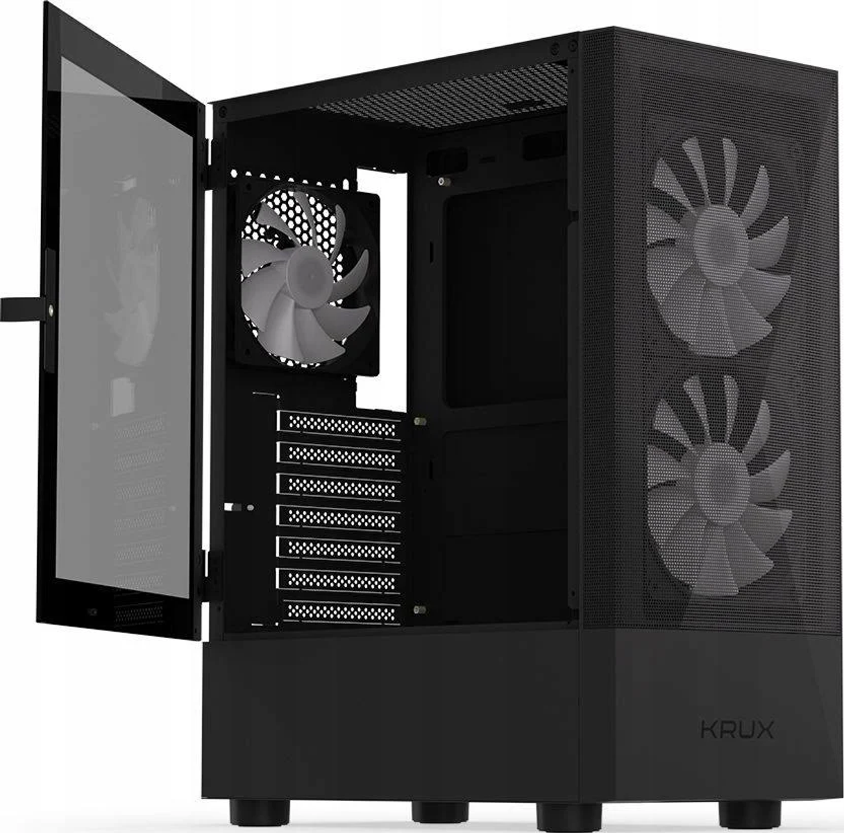 Schwarzes Computergehäuse mit Glasseitenwand und zwei Lüftern innen.