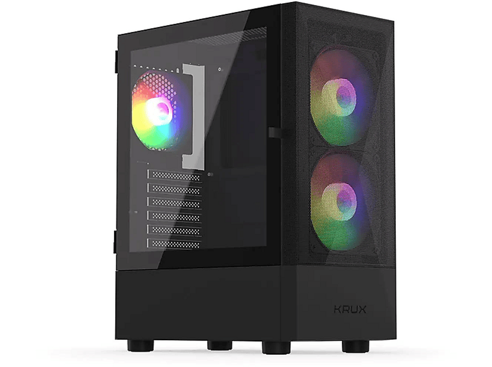 Schwarzes Computergehäuse mit Glasseitenwand und leuchtenden Lüftern.
