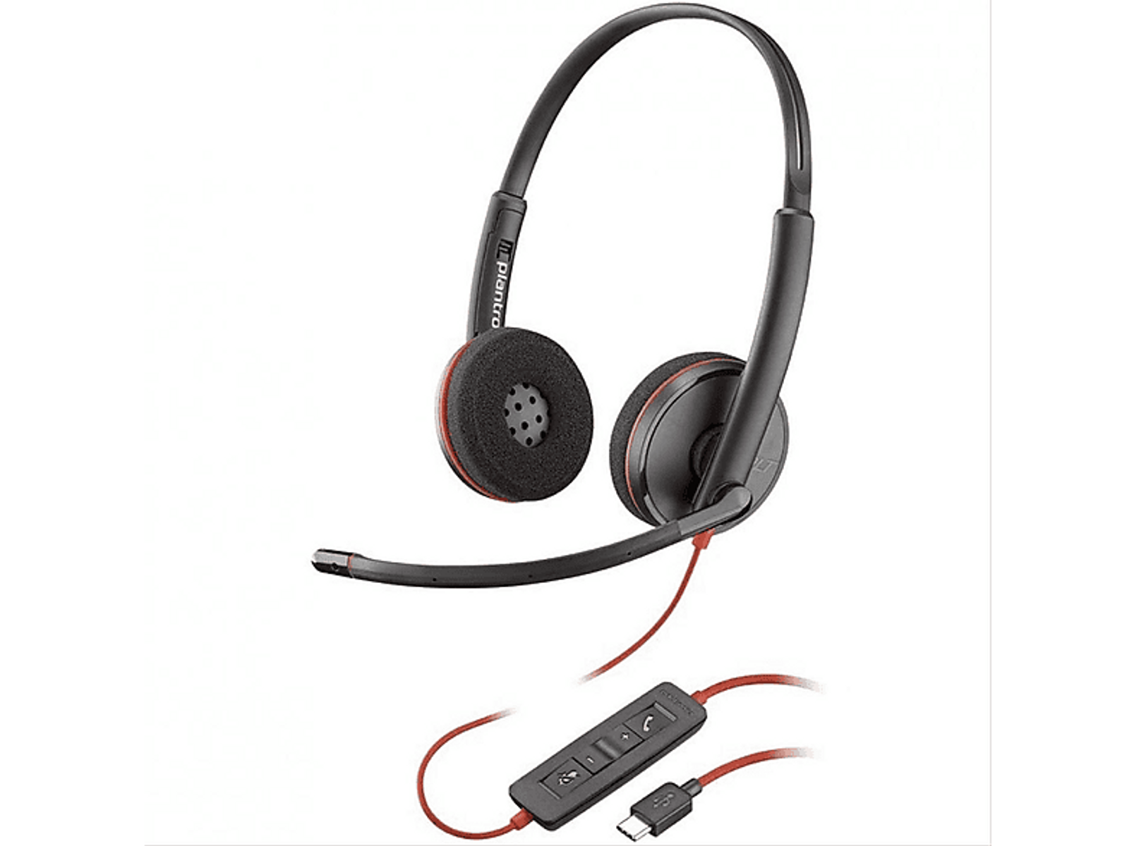 Schwarzes Headset mit roten Akzenten. Verfügt über zwei Ohrmuscheln, ein Mikrofon und Inline-Bedienelemente.