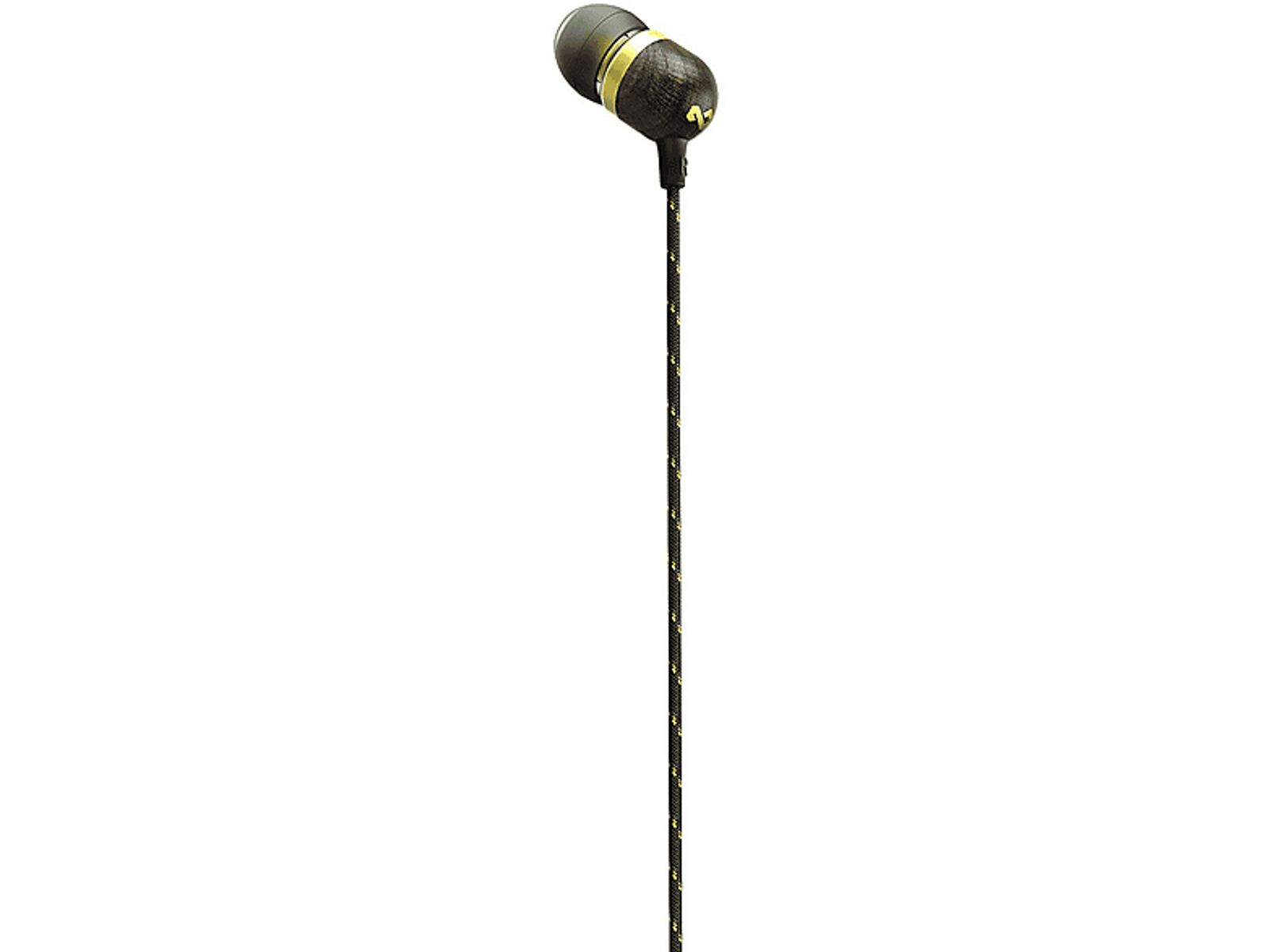 Écouteurs intra-auriculaires noirs et jaunes avec câble à motifs sur fond noir.