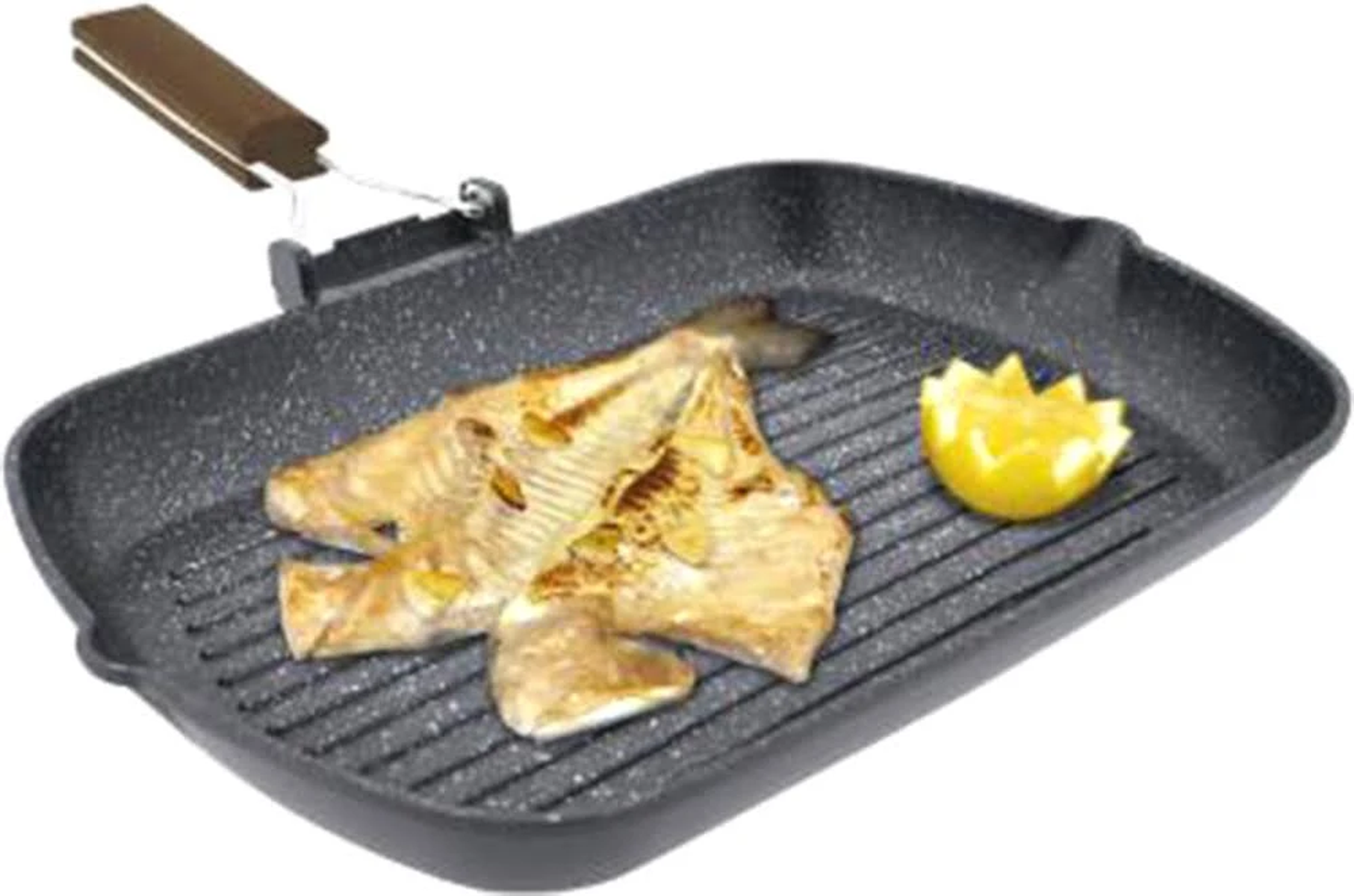Ein gegrillter Fisch auf einer Grillplatte. Eine Zitronenscheibe verziert das Gericht.