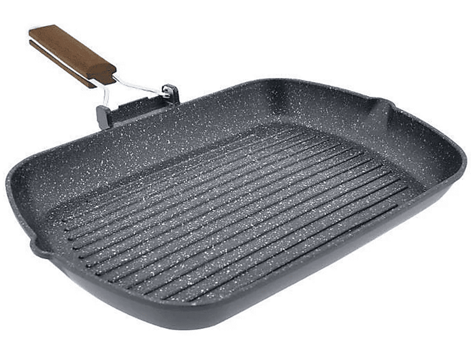 Grillpfanne mit strukturierter Oberfläche und Holzgriff. Es hat Rillen zum Grillen.