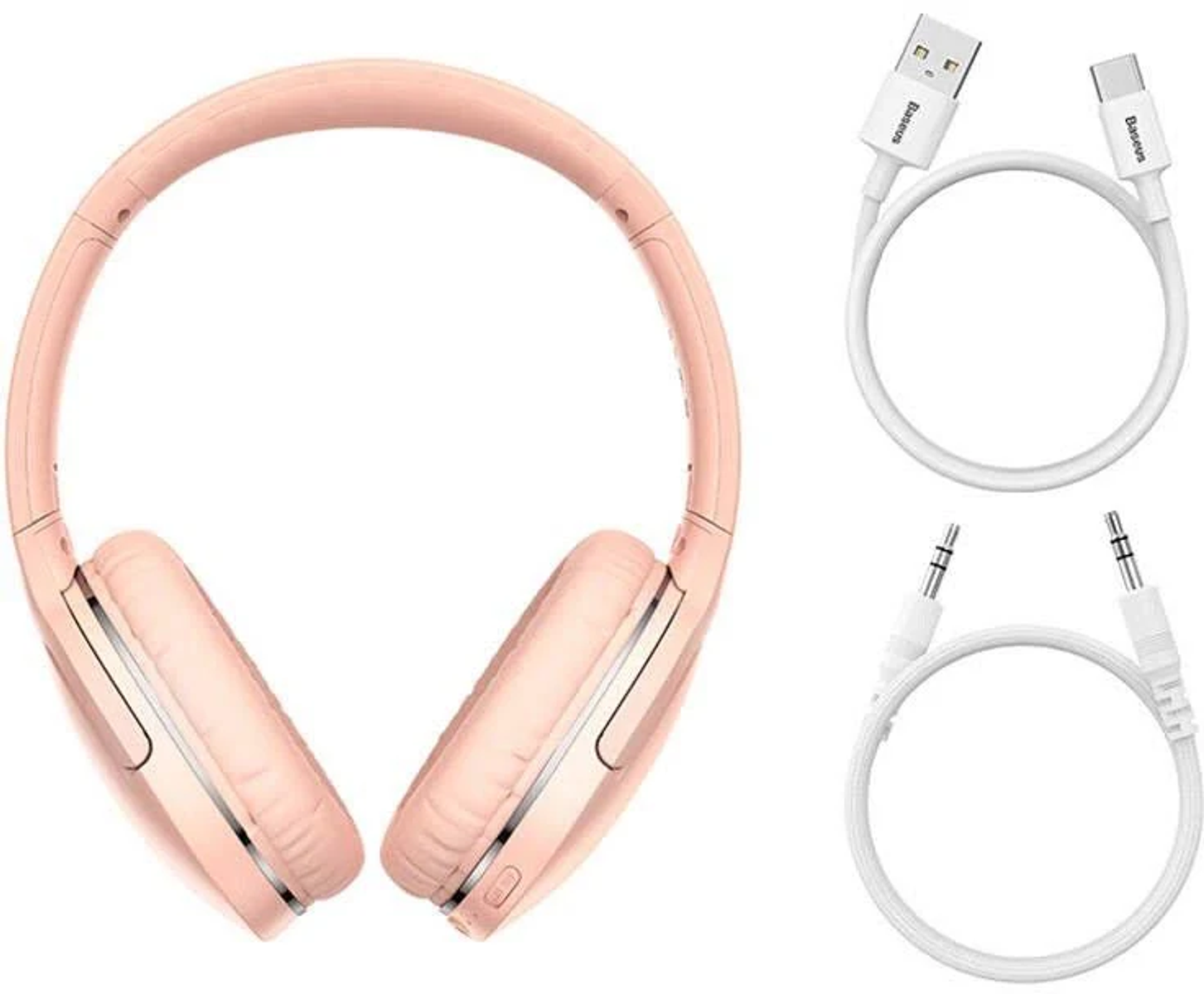 Różowe słuchawki z białymi kablami. Kable USB i 3,5 mm w zestawie.