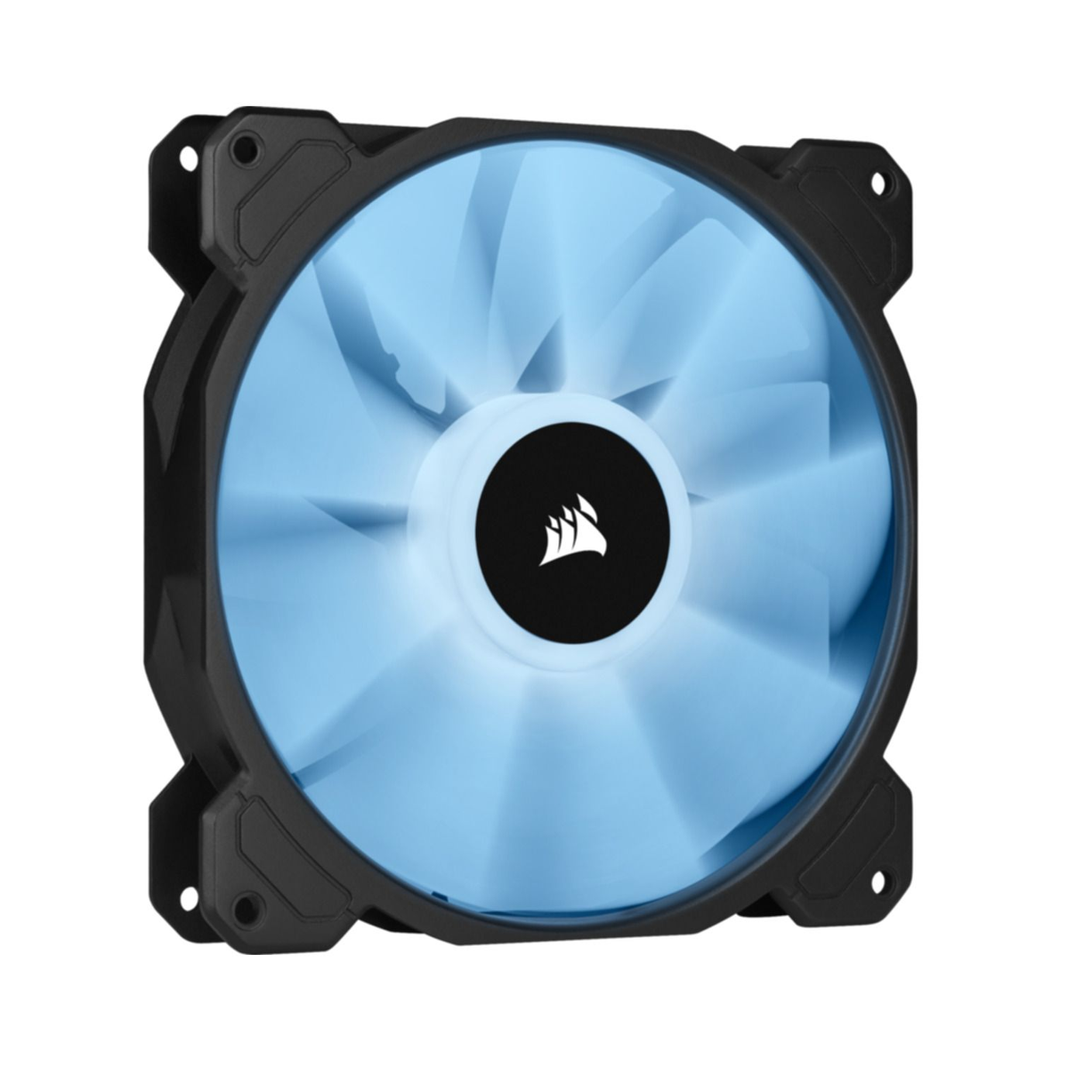 Ventola per computer nera con pale blu. Cornice nera, sfondo bianco.